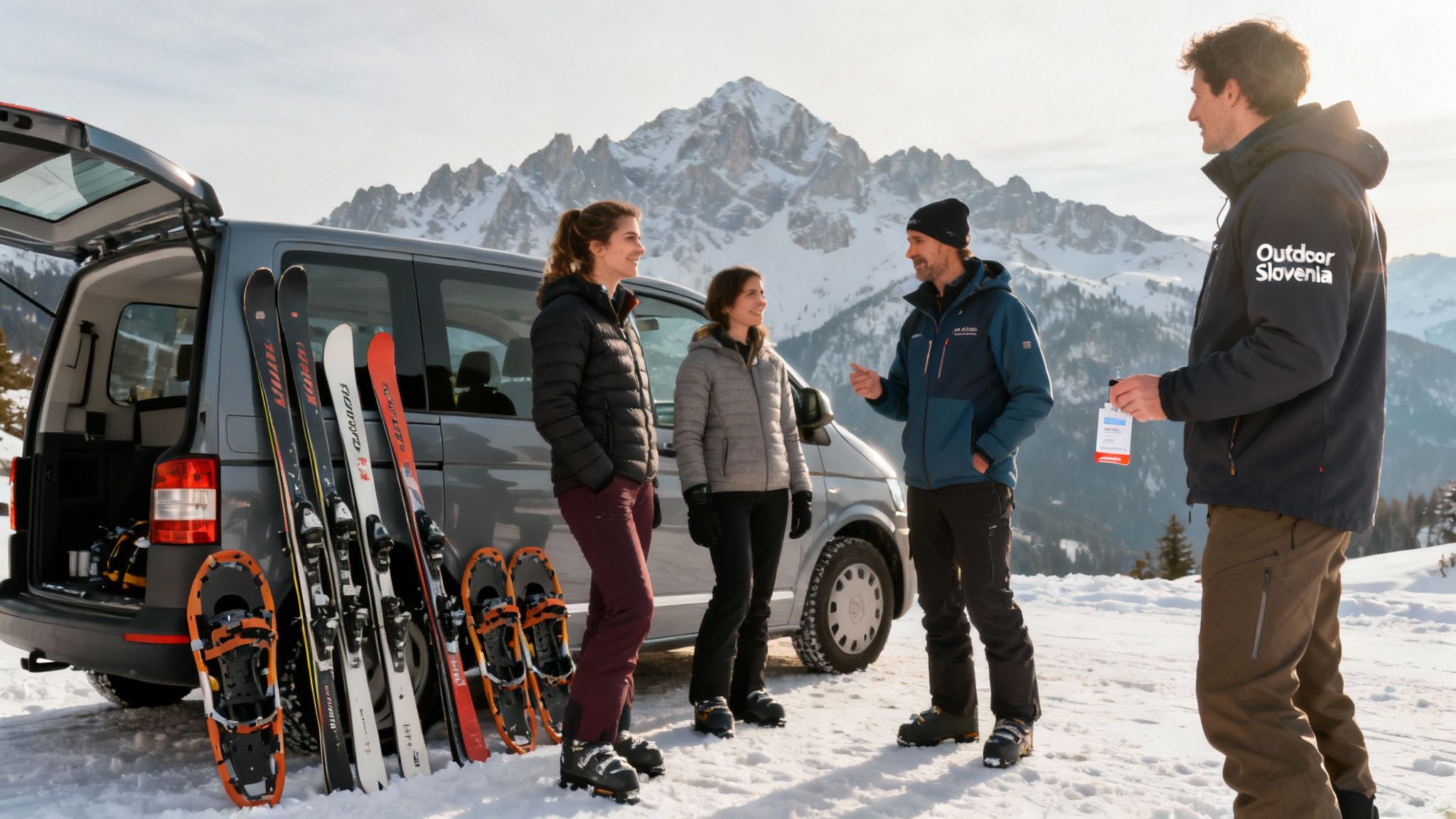 People with skis and snowshoes by a van in snowy mountains, discussing winter adventure.