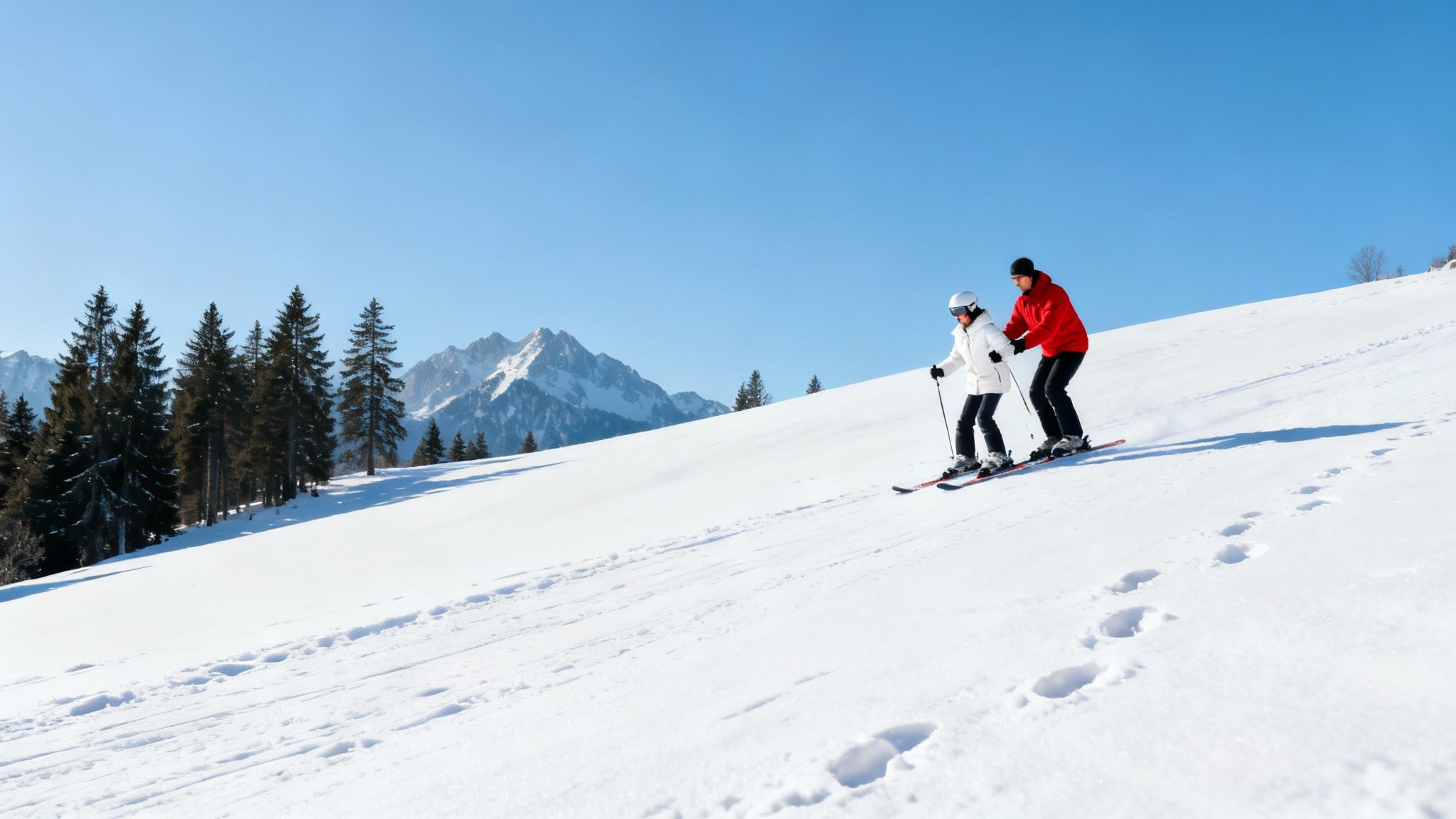 Two skiers, one in white and one in red, on a sunny snowy mountain slope with pine trees.