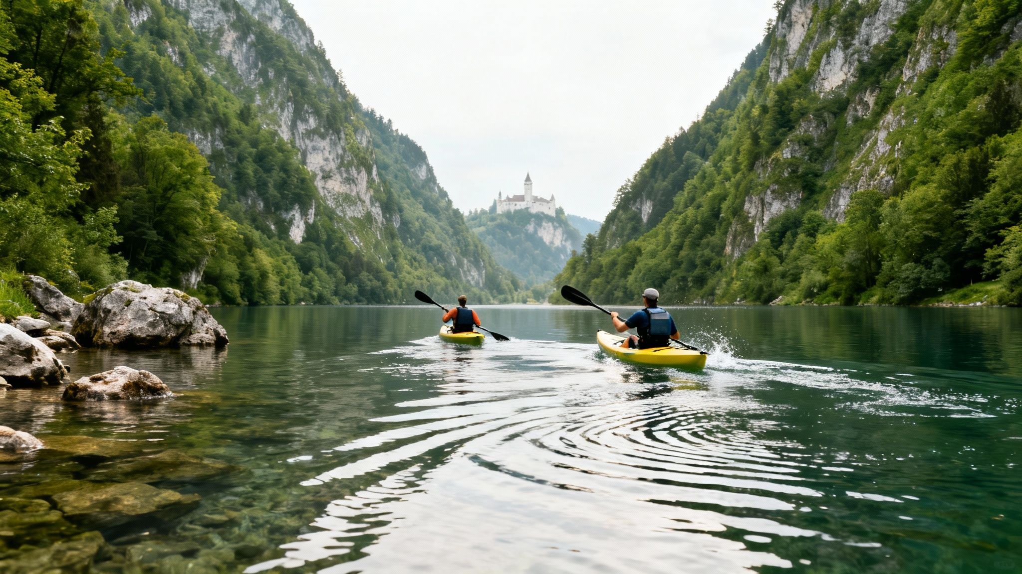 Two kayakers paddle on a serene lake surrounded by mountains, with a distant castle.