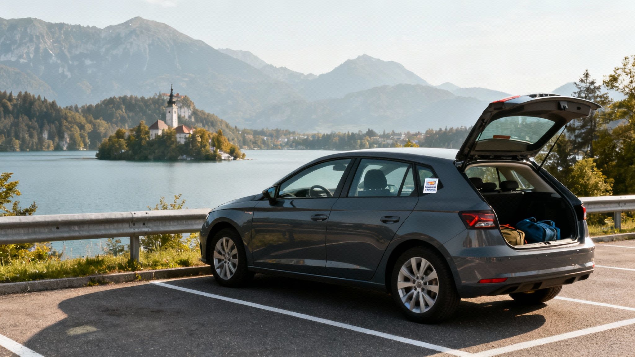 A grey car with an open trunk is parked by Lake Bled, Slovenia, with its iconic island church and mountains in the background.