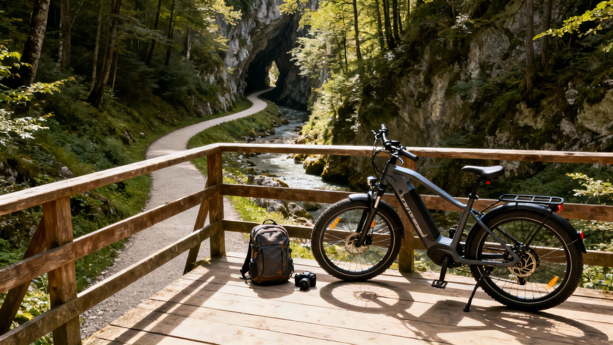 An electric bike, backpack, and camera on a wooden bridge overlooking a scenic forest path and river.