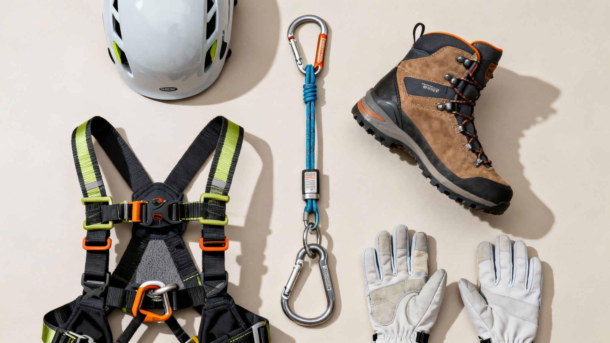 Flat lay of essential climbing and work safety gear: helmet, harness, lanyard, boot, gloves.