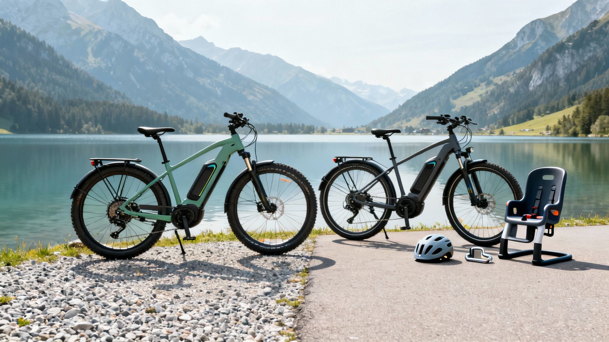 Two electric bikes, one green and one grey, parked beside a serene lake with mountains.