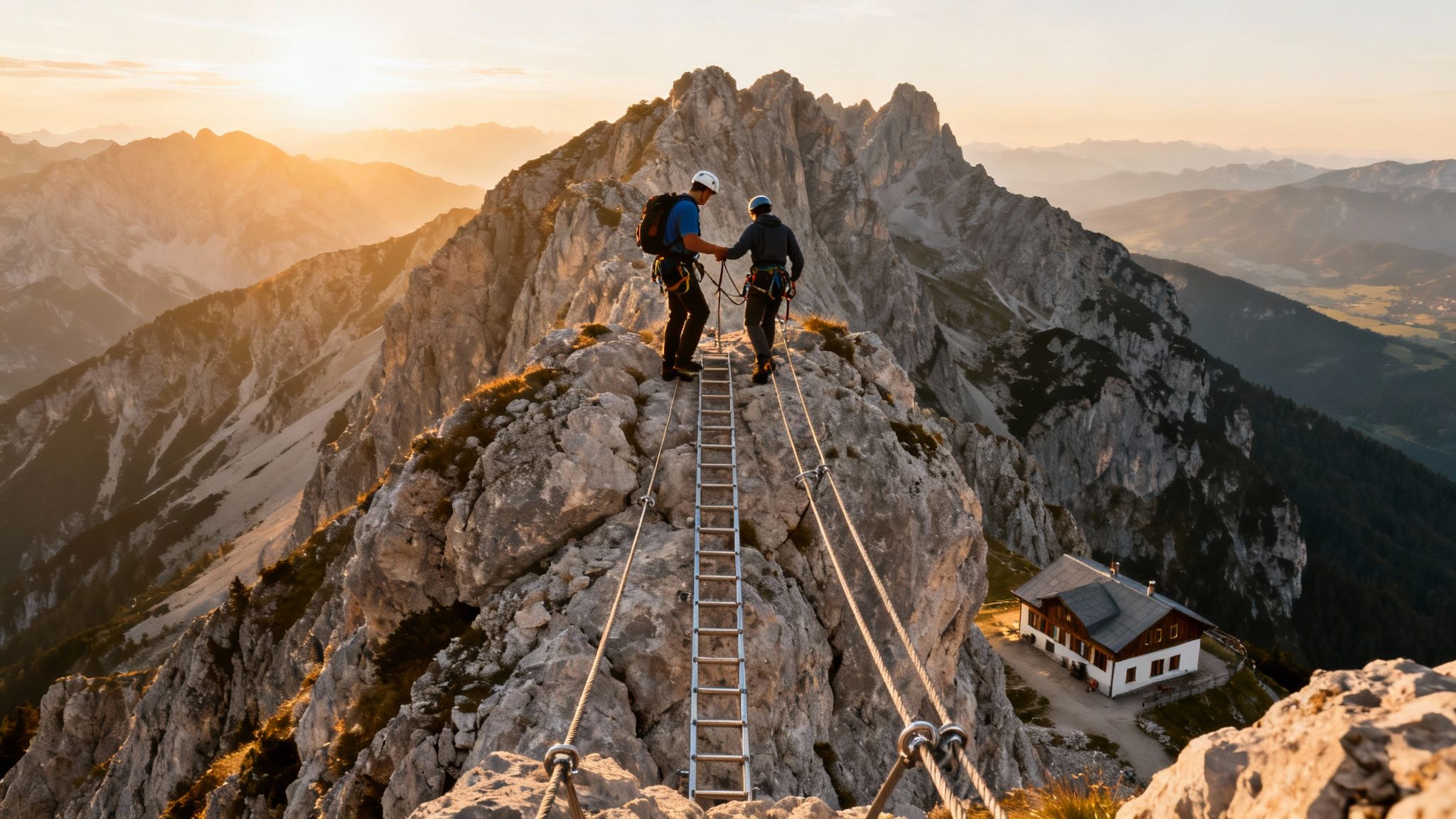 Two hikers on a via ferrata ladder bridge during a stunning mountain sunset with a distant hut.