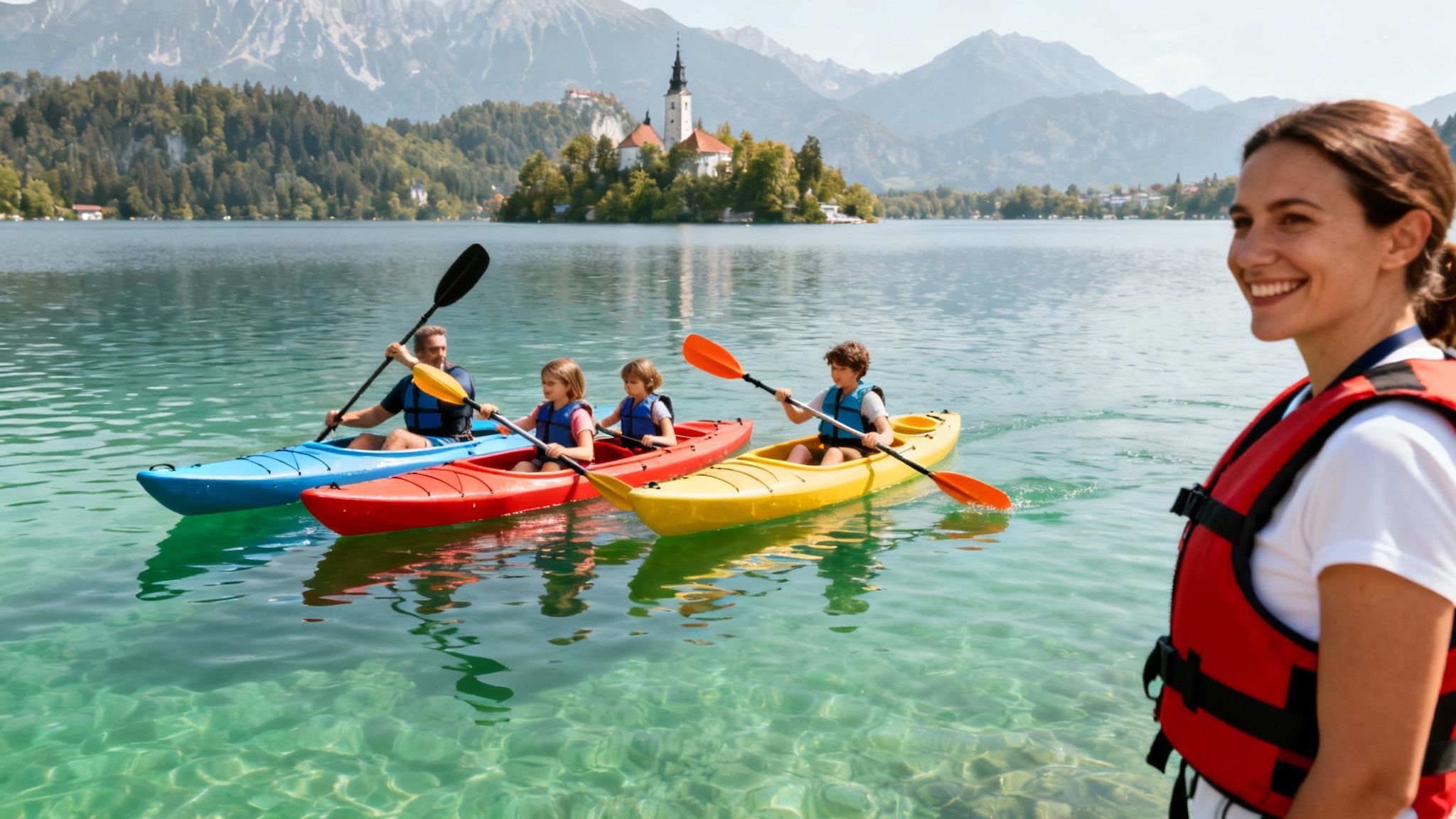 A smiling woman watches a family kayaking on a clear lake with a church island and mountains.