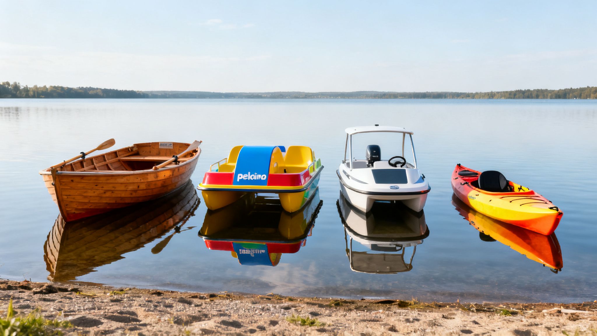 Four diverse watercrafts, including a rowboat, pedal boat, motorboat, and kayak, on a calm lake.