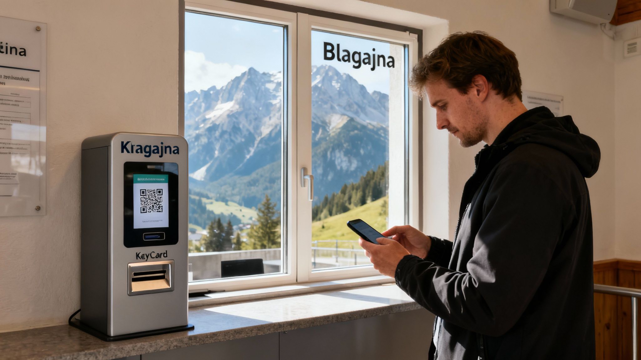 A man scans his phone at a self-service ski pass machine showing a QR code, with mountains visible through the window.