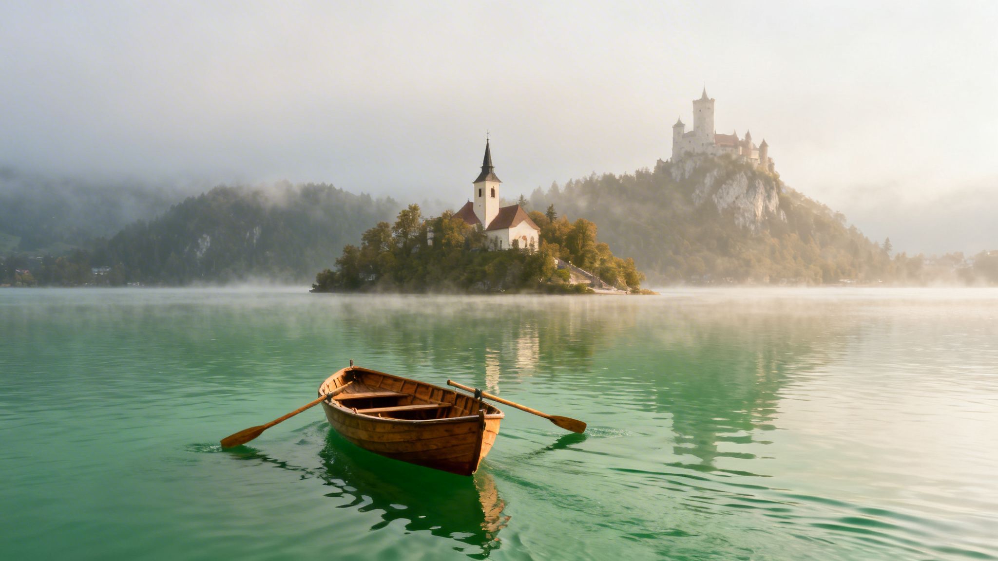 A wooden rowboat floats on a serene, misty green lake, with a church island and castle visible.