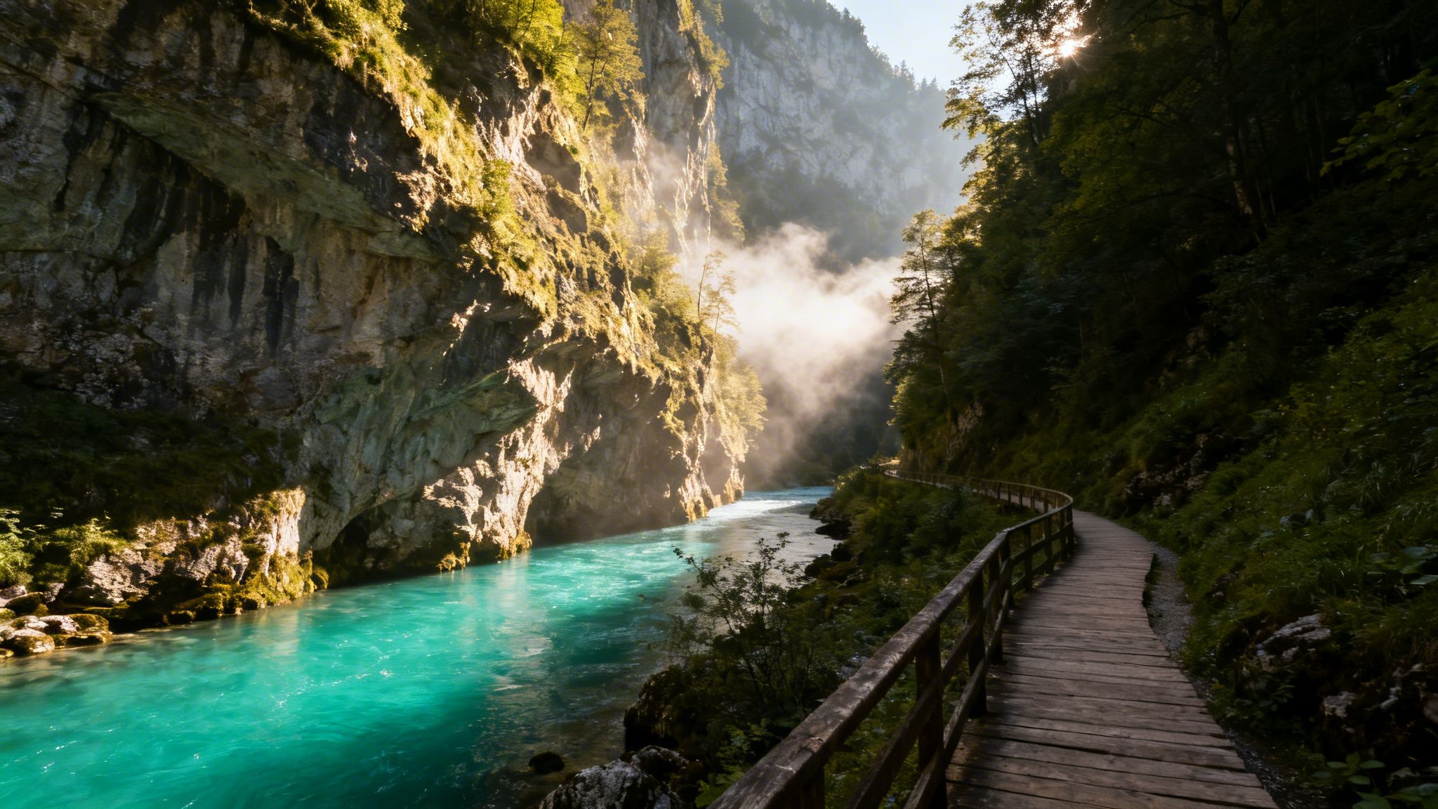 Sunlight illuminates a turquoise river flowing through Vintgar Gorge, with a winding wooden boardwalk.