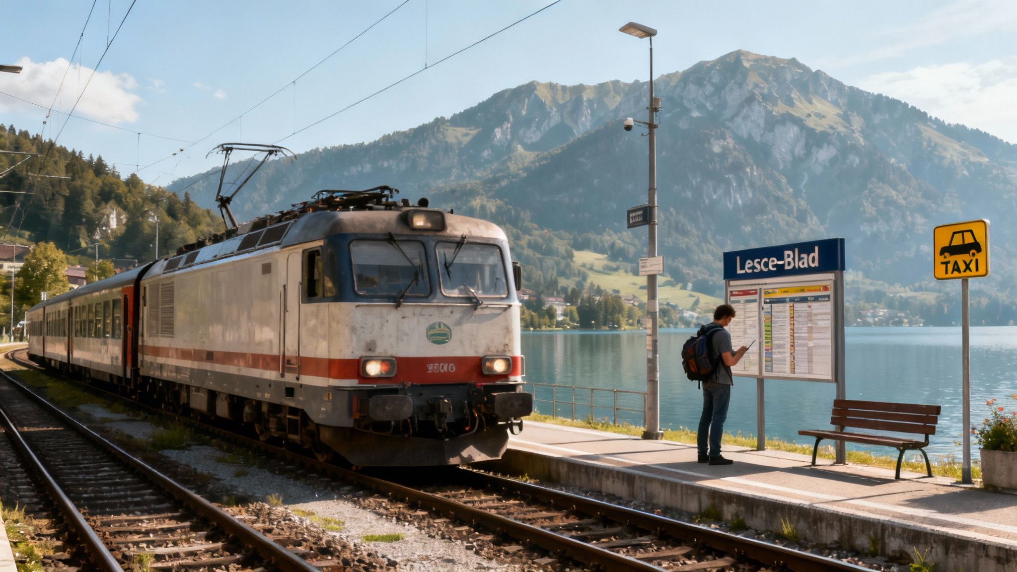 A train stops at Lesce-Bled station by a lake, with a person checking the timetable and mountains in the background.