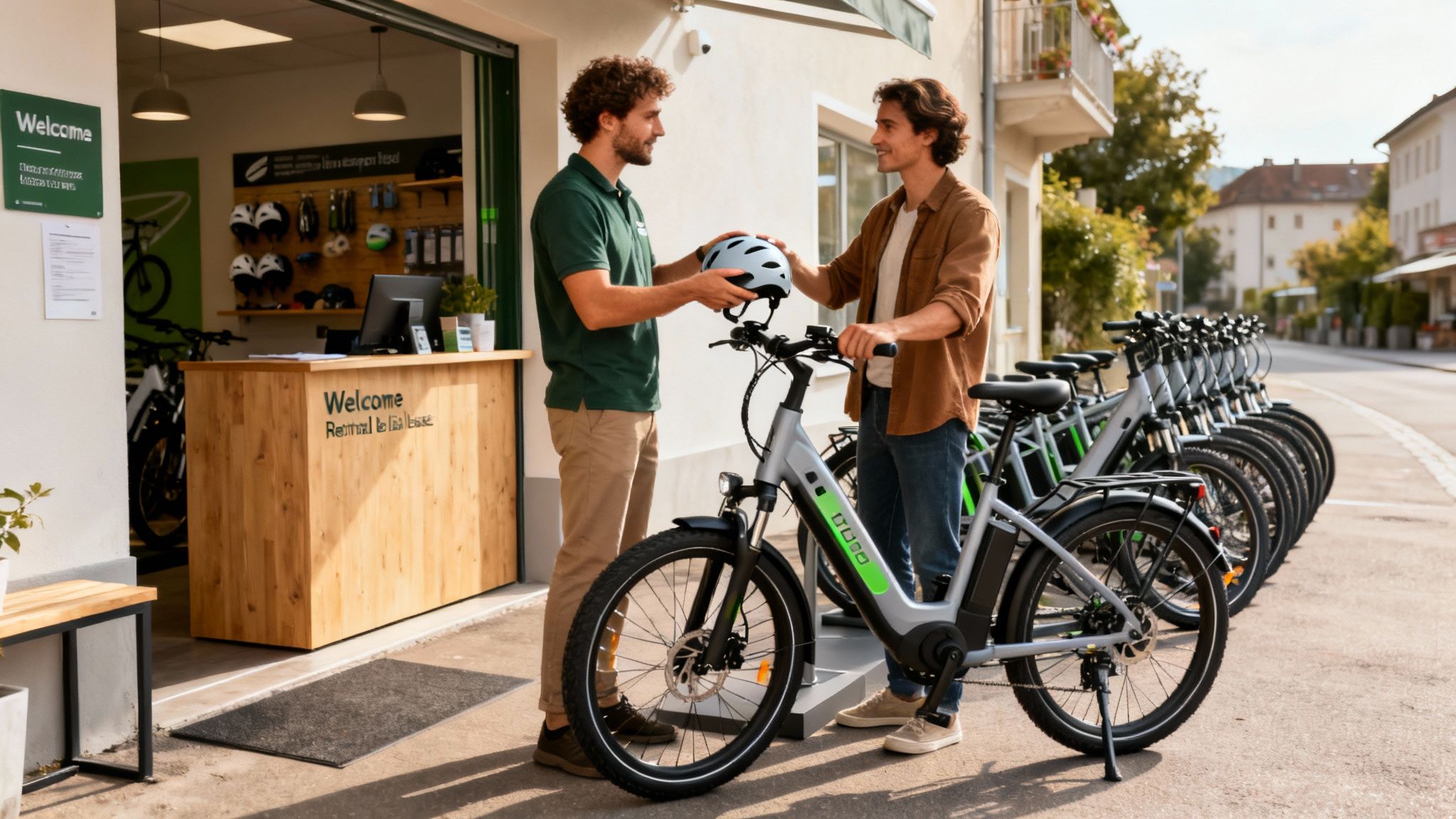 Two men outside a bike rental shop, one handing a helmet to the other, with electric bikes lined up.