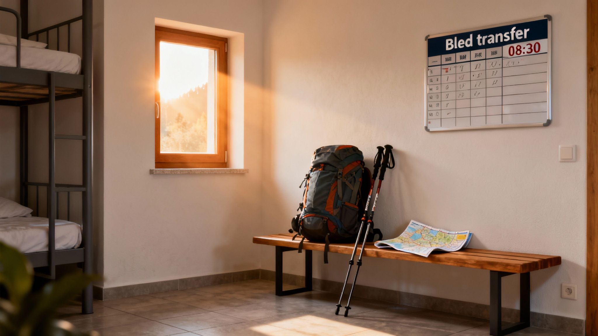 A sunlit hostel room with bunk beds, a hiking backpack, trekking poles, and a map on a wooden bench.