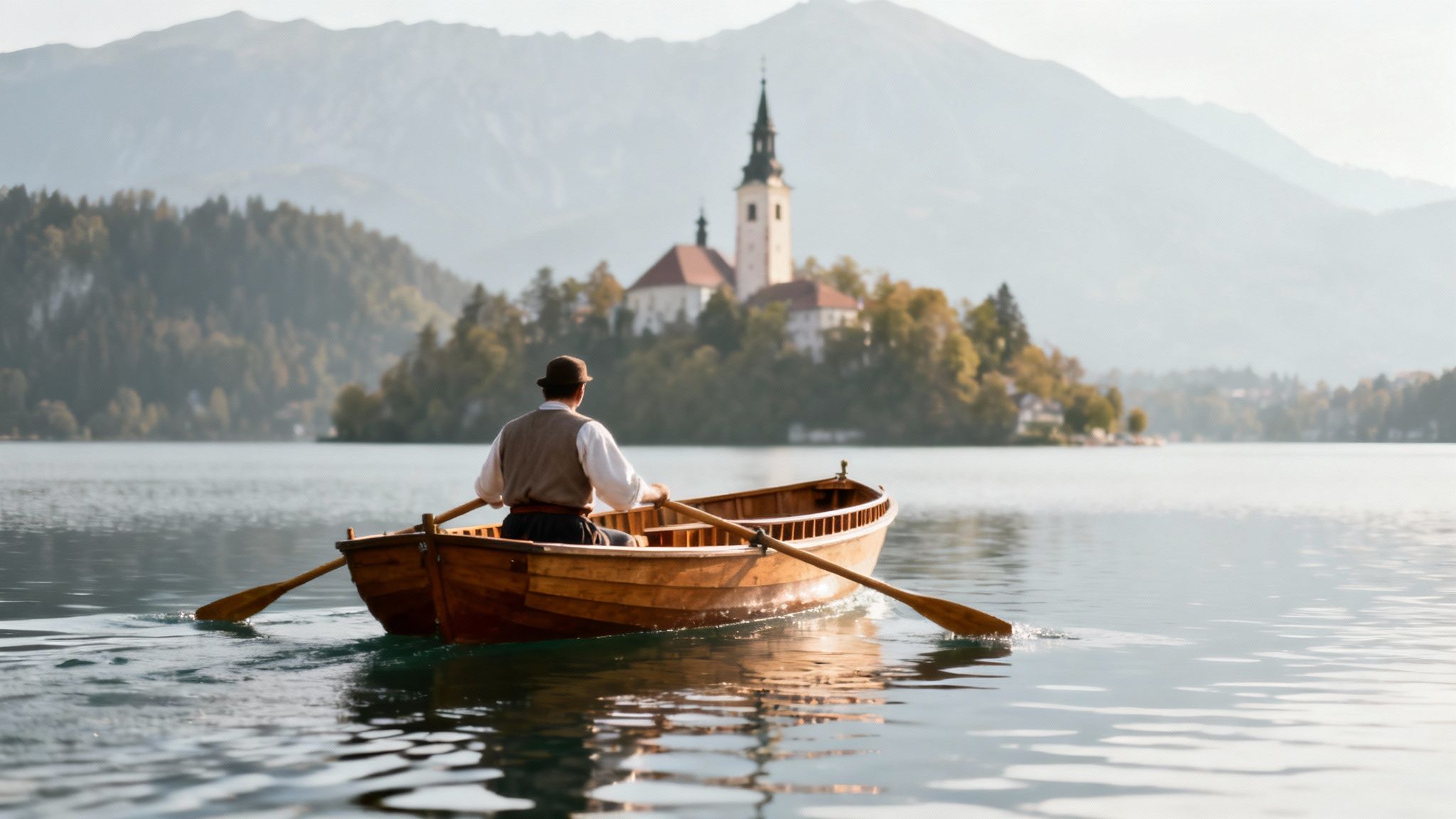 A man in a traditional boat rows across Lake Bled towards the iconic island church.