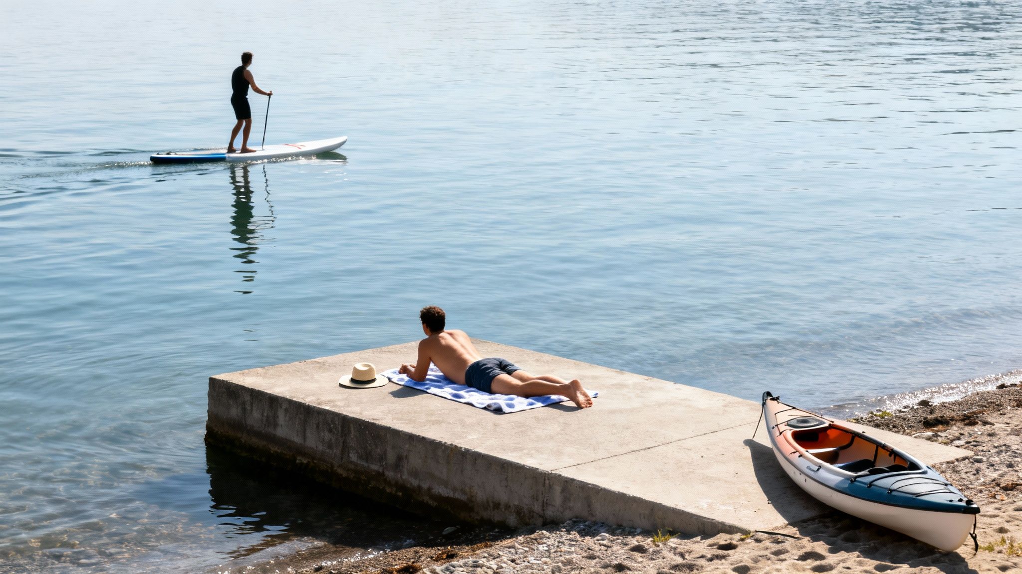 People enjoying water activities on a sunny day at the beach, with paddleboarding, sunbathing, and kayaking.