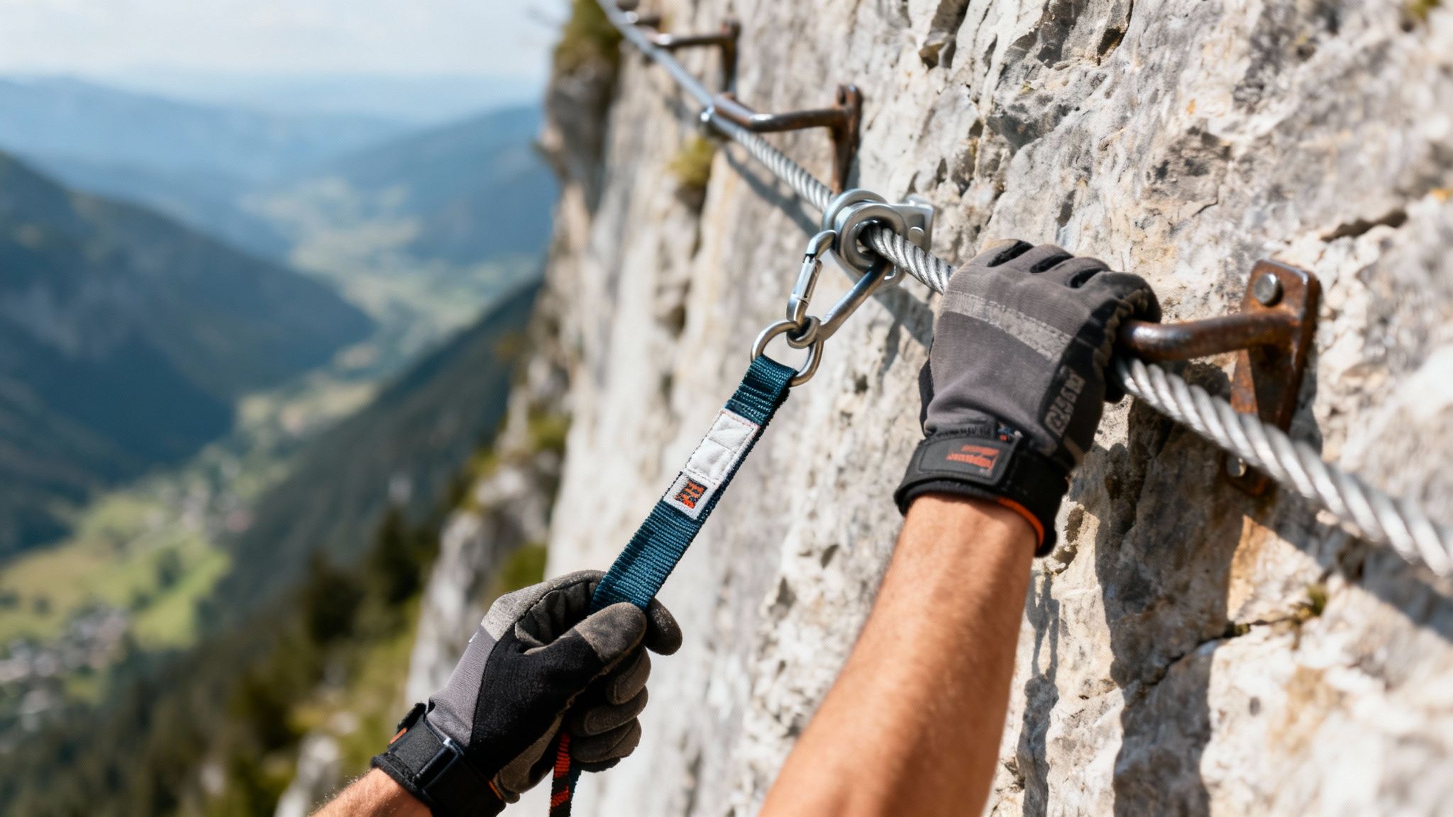 A person's gloved hands gripping a via ferrata steel cable with a carabiner, high above a mountain valley.