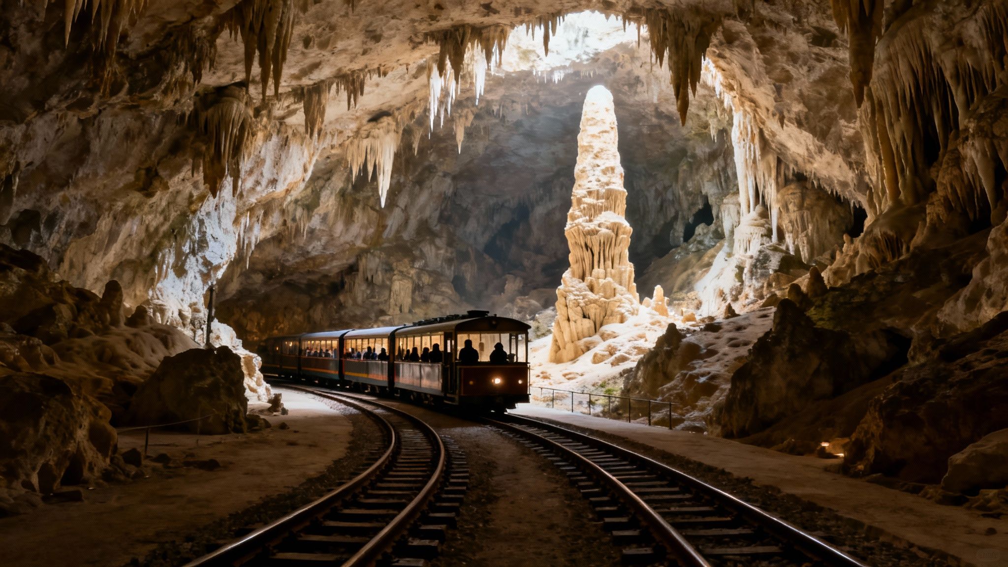 A scenic train journeys through a majestic cave adorned with numerous stalactites and a giant stalagmite, illuminated by natural light.