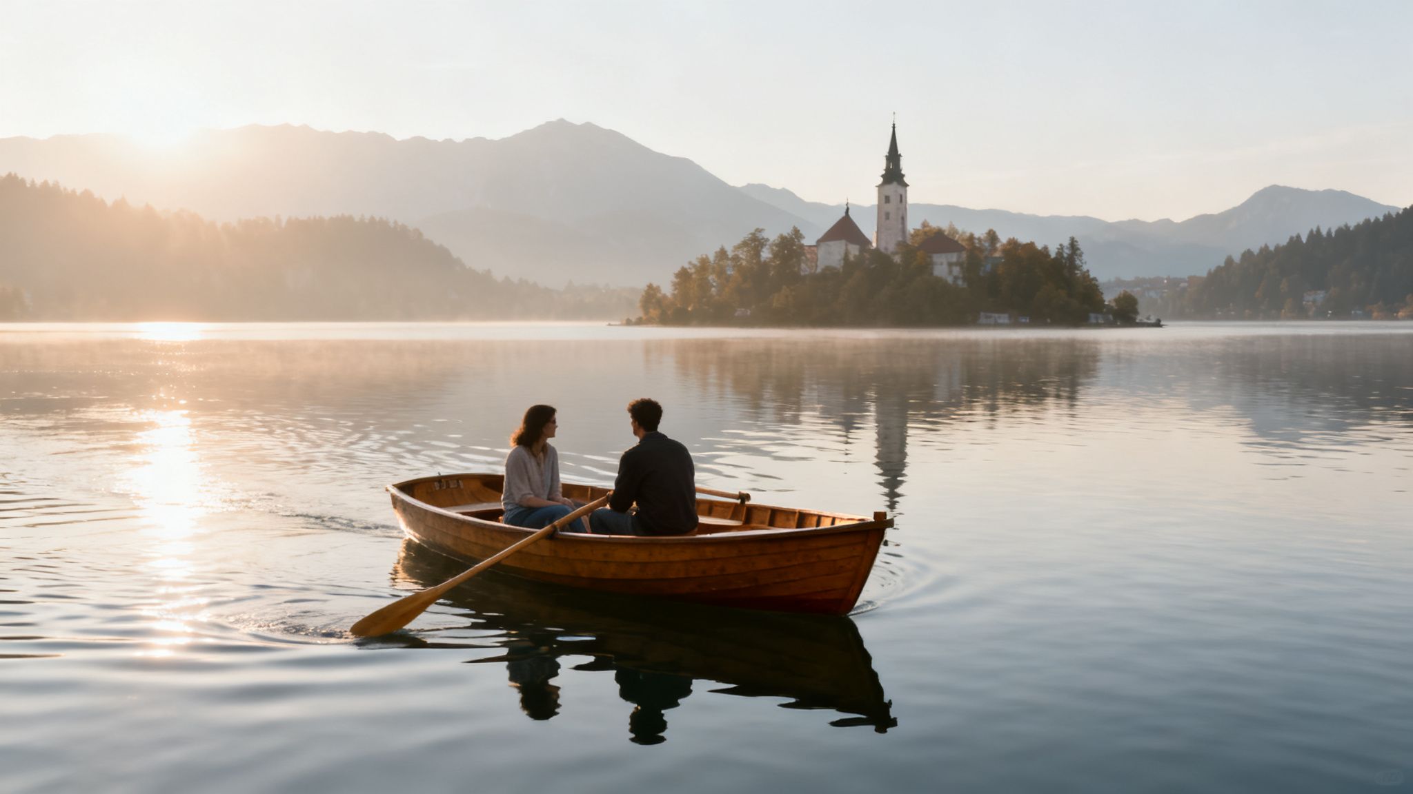 A romantic couple rowing a wooden boat on a misty lake towards a church island at sunrise.