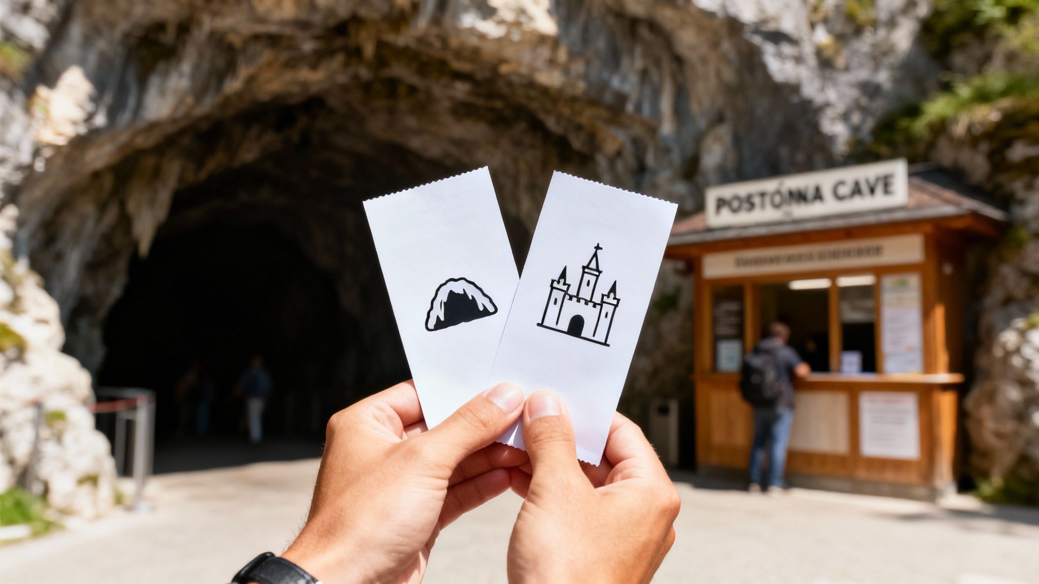 Hands holding tickets for Postojna Cave and Predjama Castle with the cave entrance and ticket booth in the background.