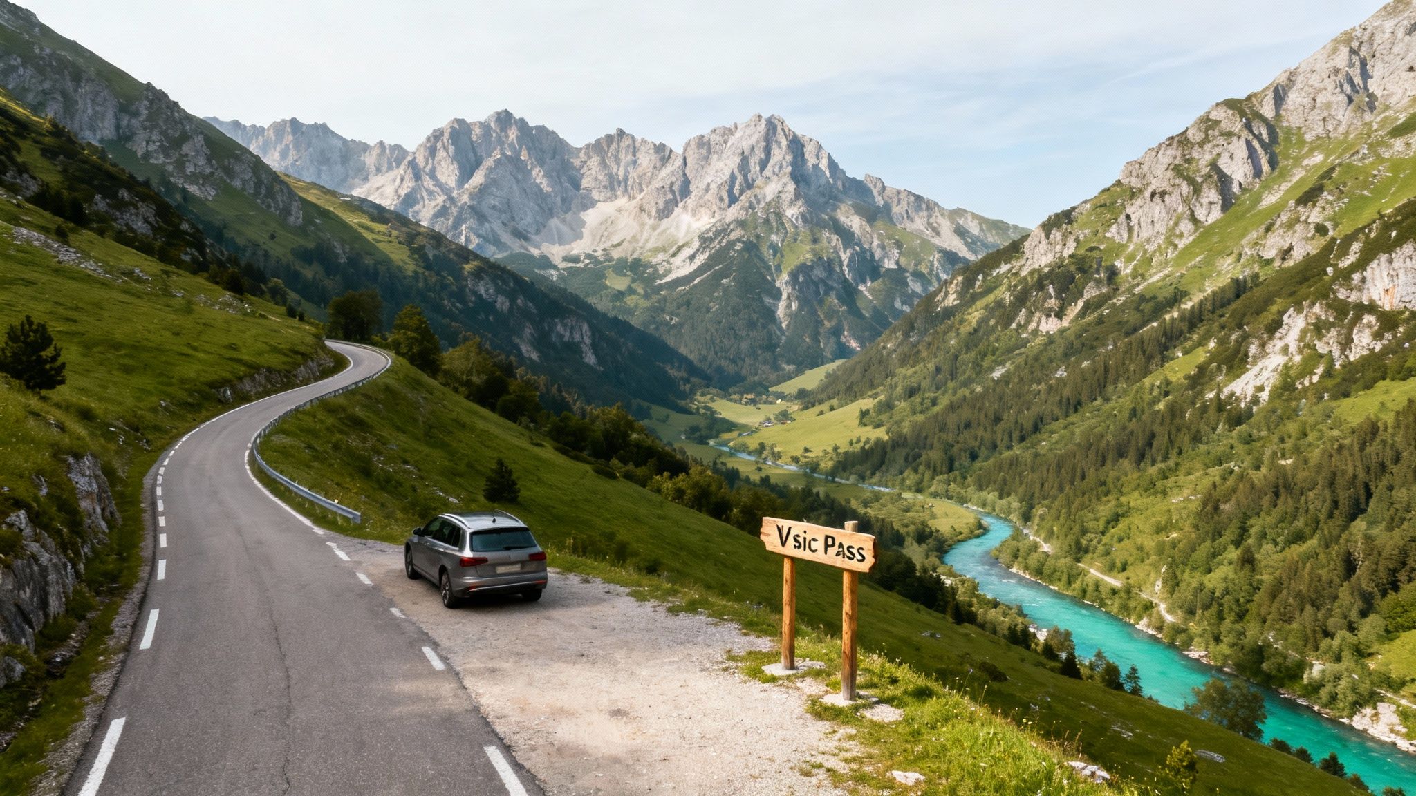 A scenic view of Vrsic Pass with a winding road, parked car, turquoise river, and majestic mountains.