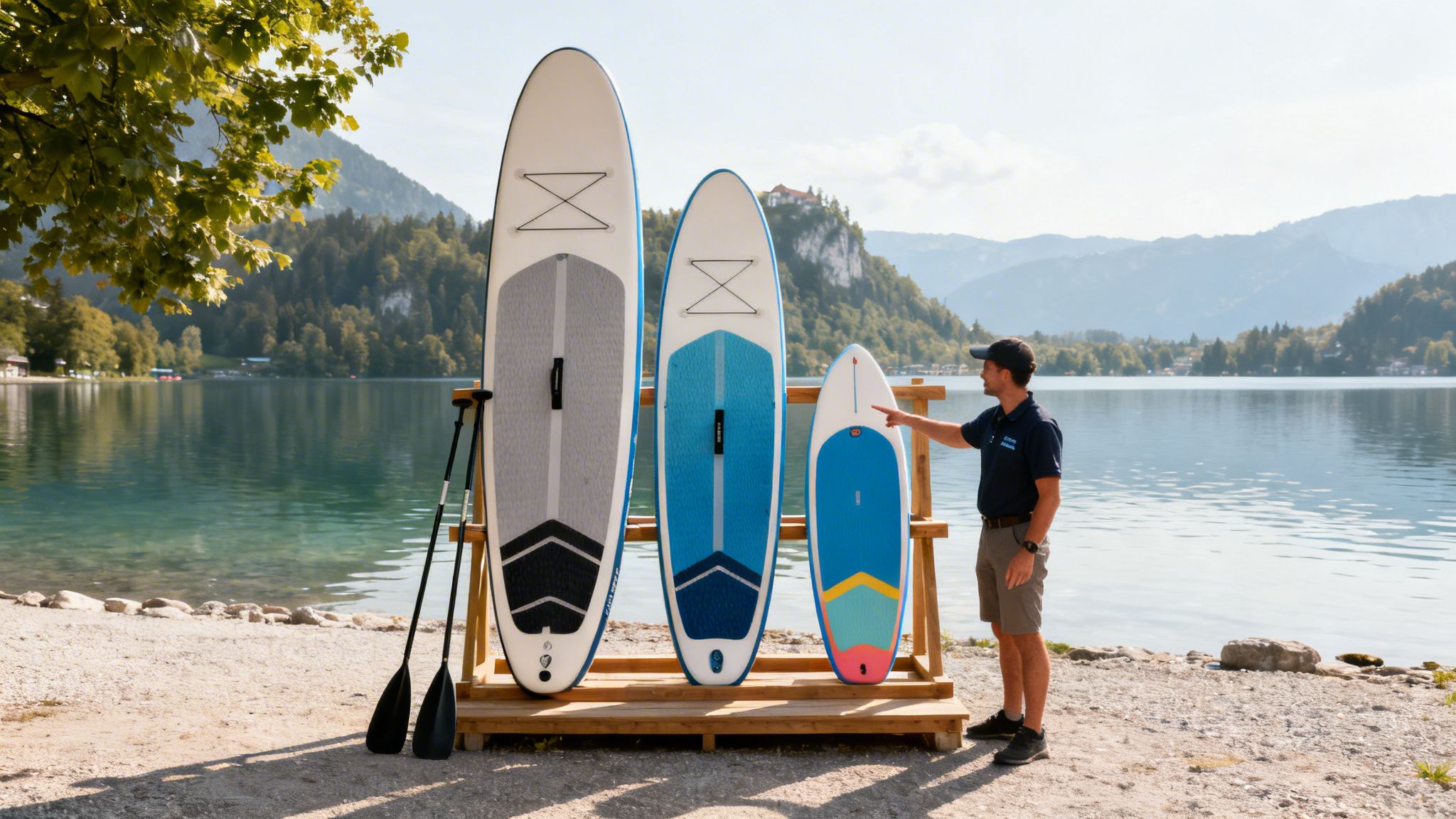 A man points to three colorful stand-up paddle boards on a wooden rack by a scenic lake.