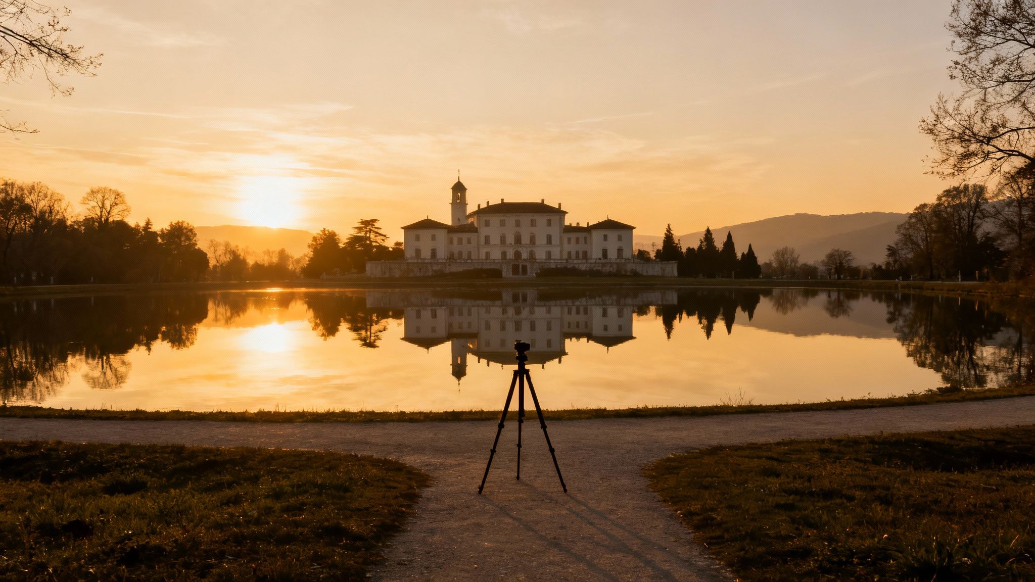 A serene sunset over a white palace reflected in a golden lake, with a camera on a tripod in the foreground.