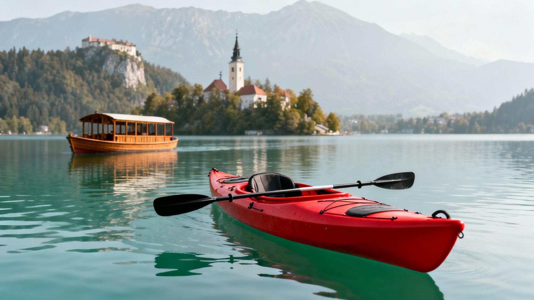 A red kayak and traditional boat on Lake Bled, Slovenia, with a church island and castle in the background.