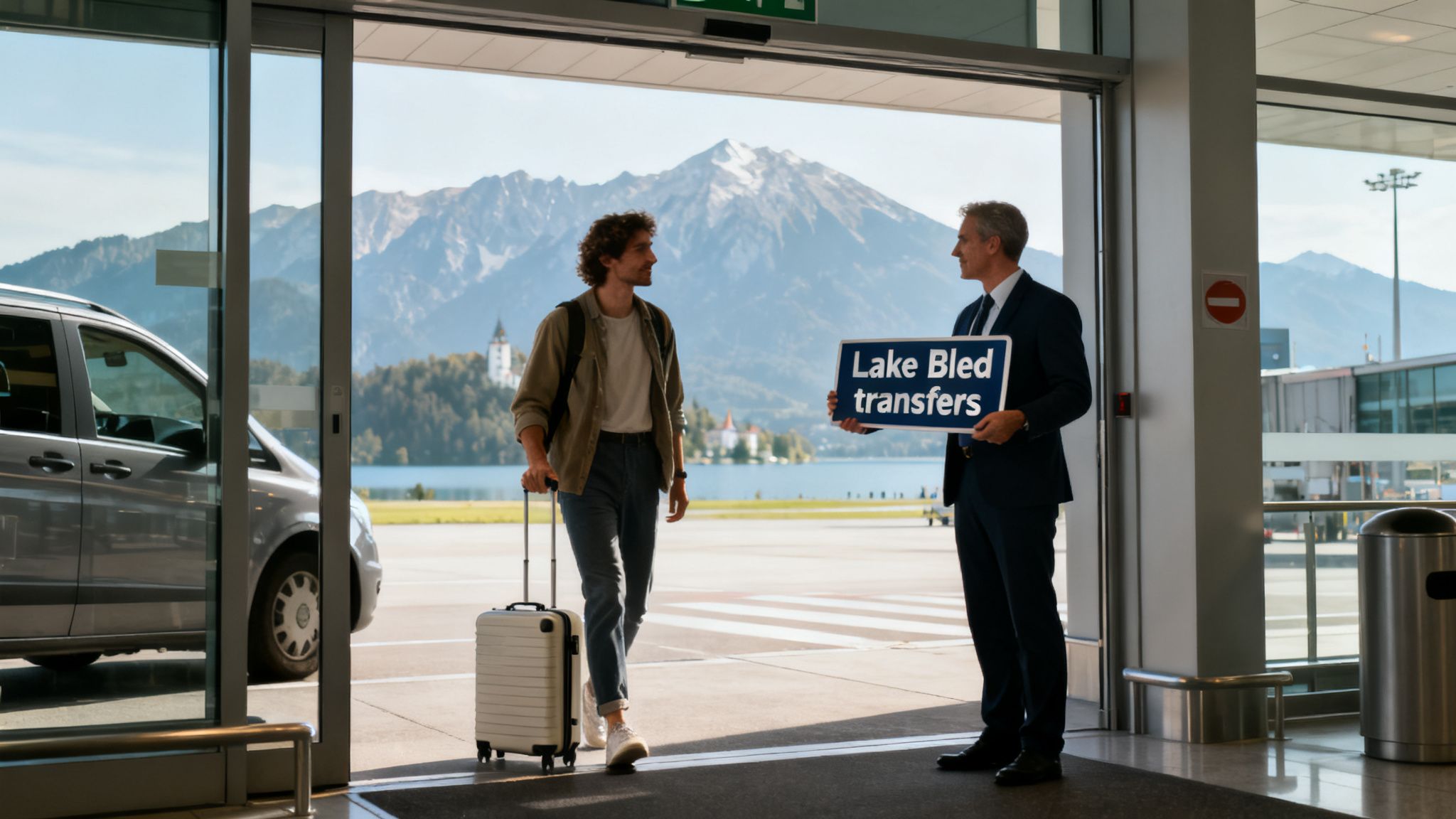 A man with luggage meets a driver holding a 'Lake Bled transfers' sign at an airport, mountains and lake in background.