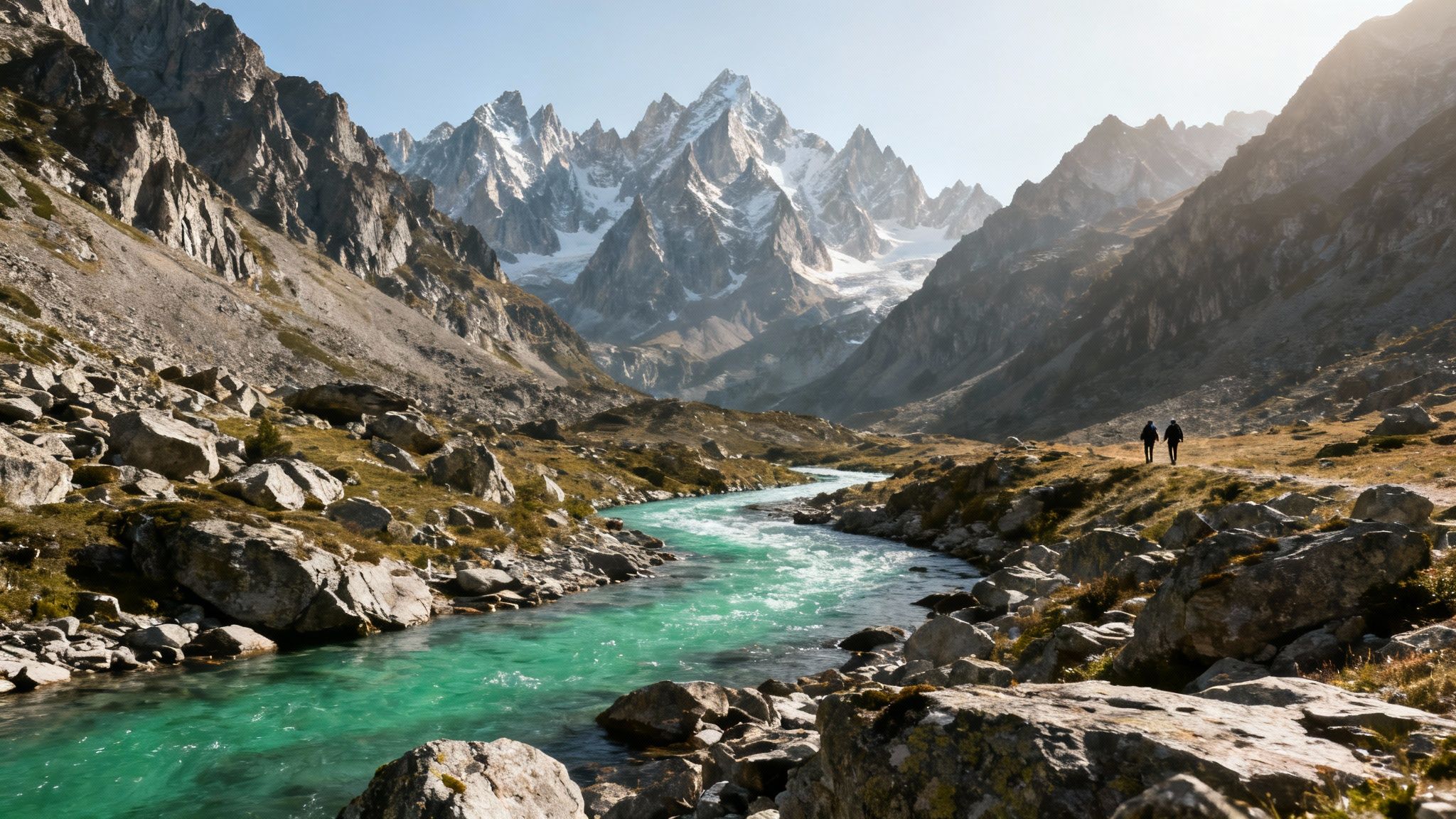 Two hikers walk beside a vibrant turquoise river flowing through a valley with majestic snow-capped mountains.