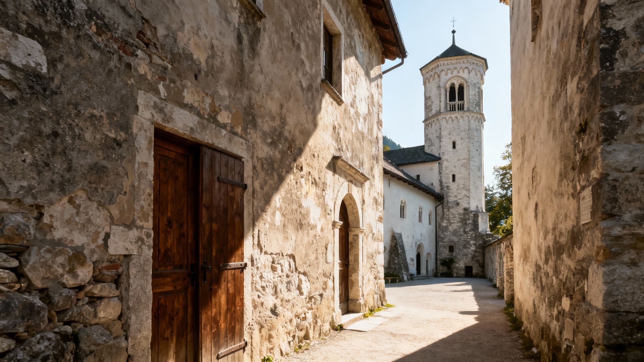 A narrow, sunlit alley between old stone buildings, leading to a historic church tower.