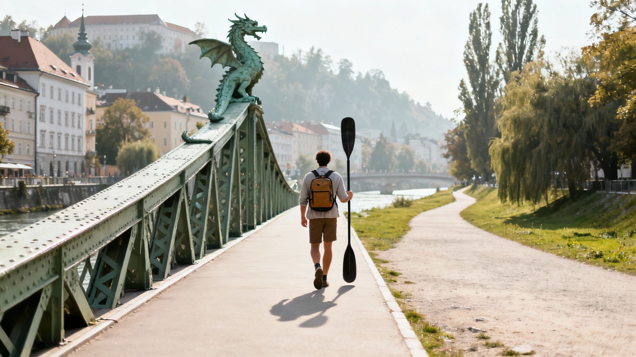 Man with a paddle walks across Ljubljana's Dragon Bridge towards a scenic river path.
