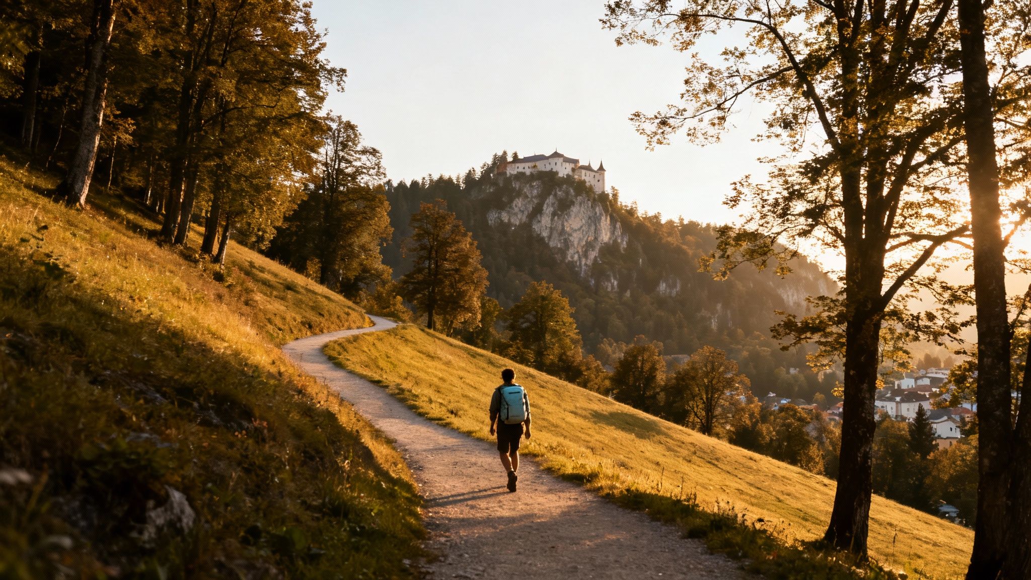 A hiker walks a winding golden path towards a majestic castle atop a hill at sunset.