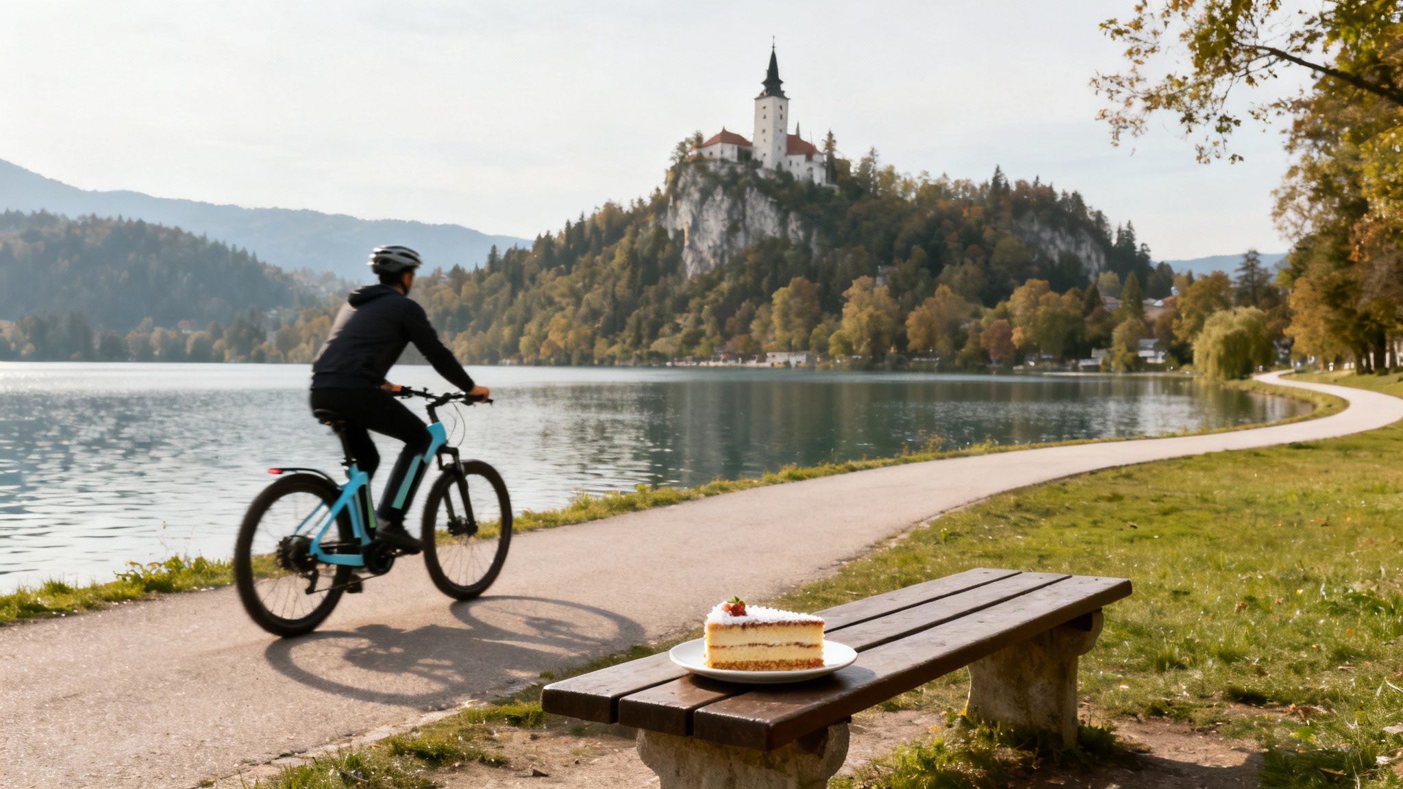 A person on a blue e-bike rides by a scenic lake with a castle and a slice of cake.