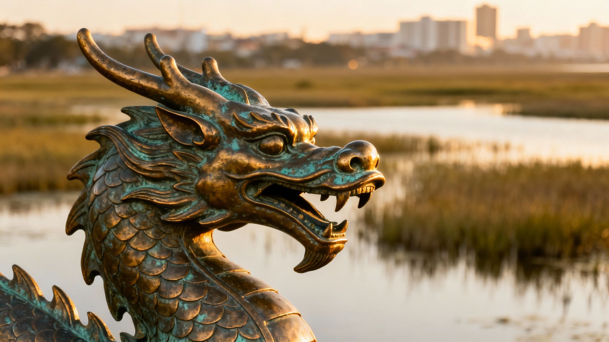 A close-up of a bronze dragon statue with a marsh and city in the background.