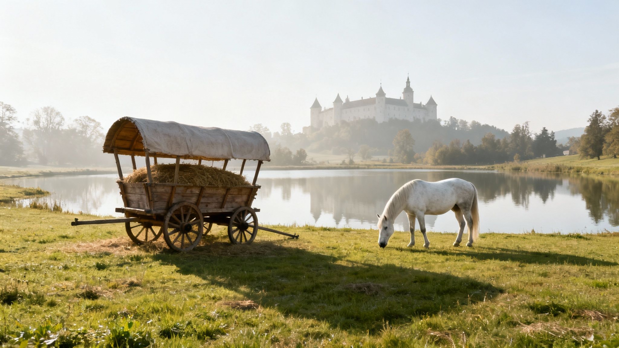 A white horse grazes by a serene lake with a hay-filled wooden cart and a distant castle.