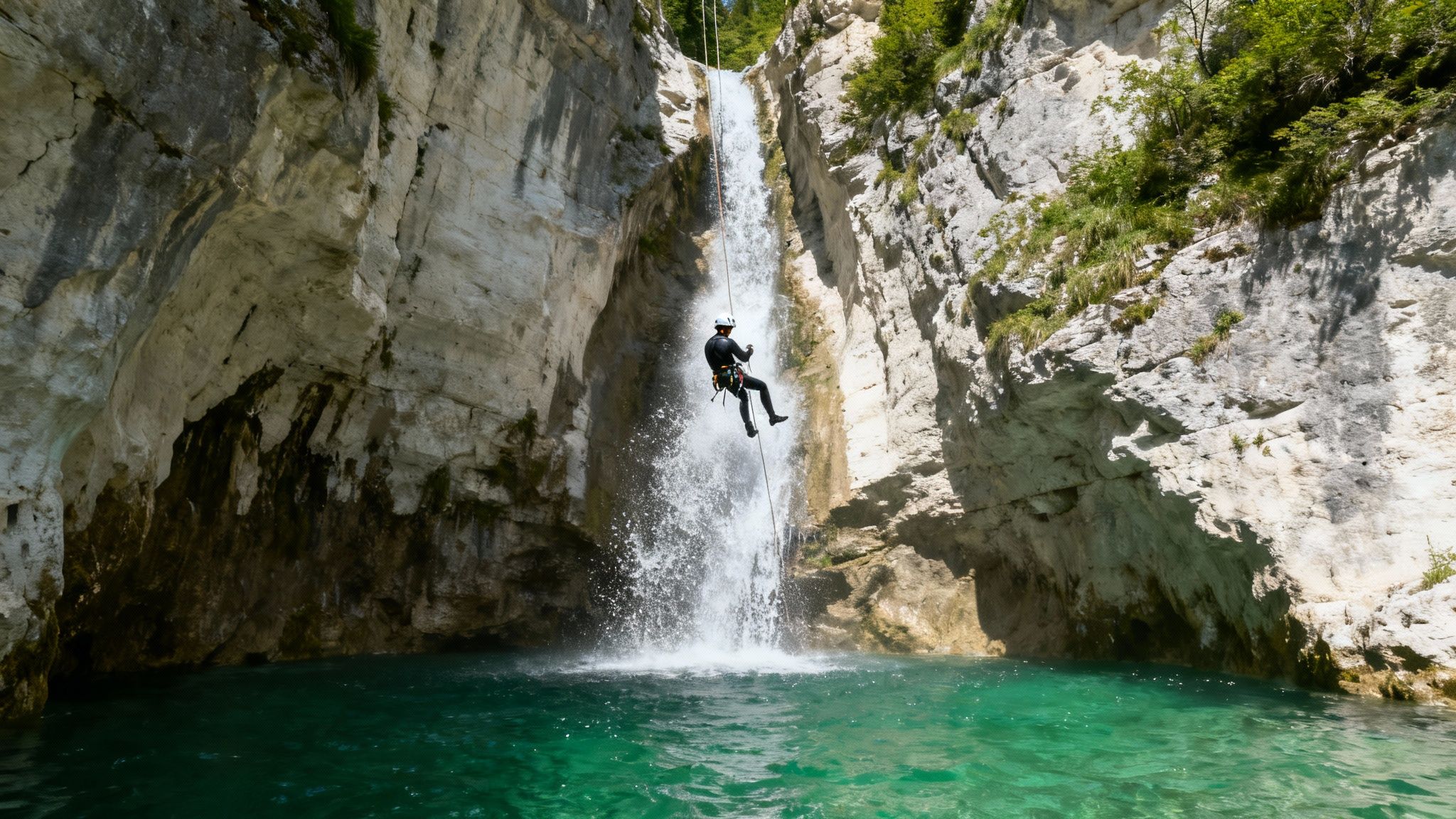 Person rappelling down a large waterfall into a vibrant turquoise pool surrounded by cliffs.