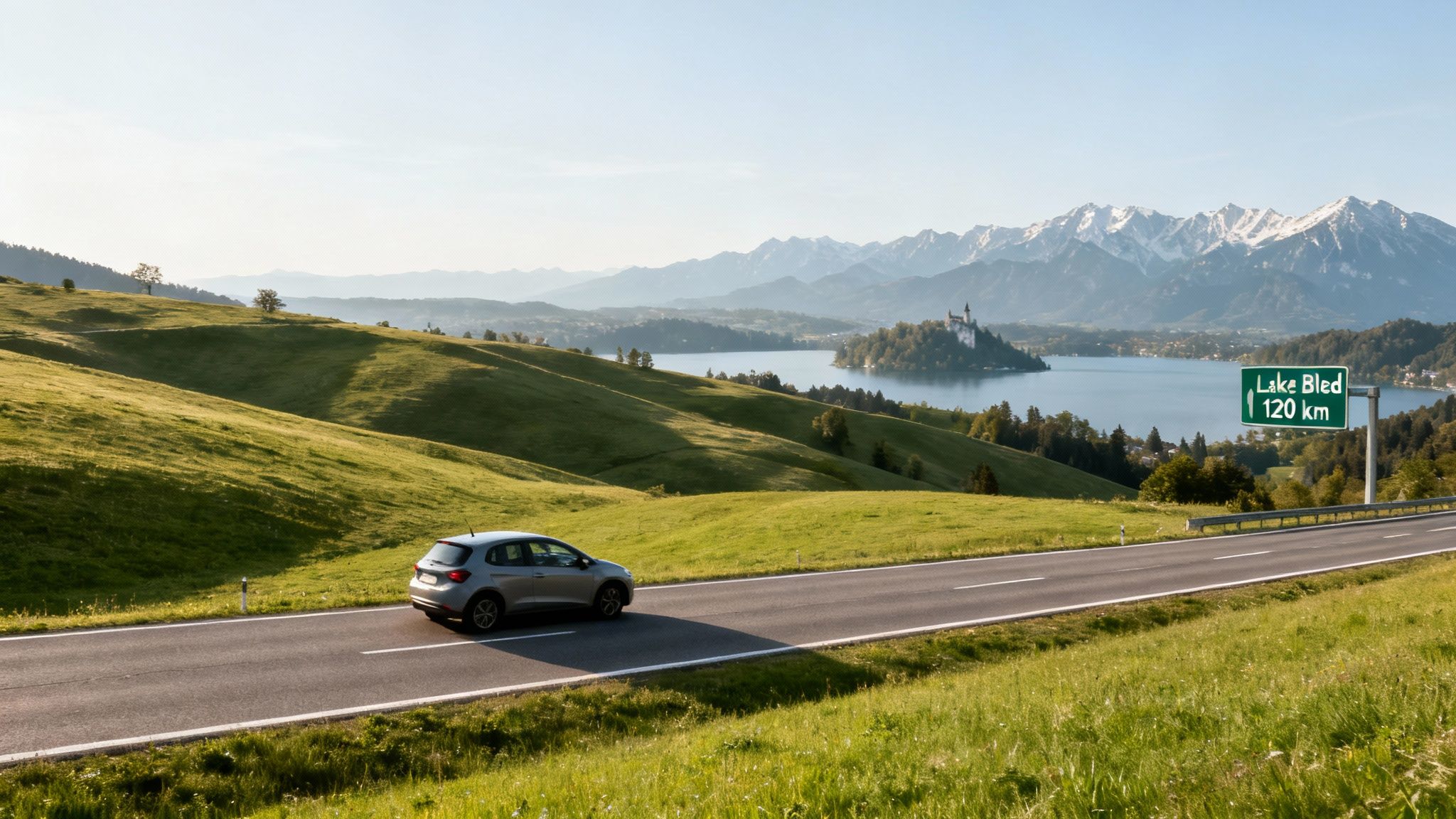 A silver car drives on a scenic road towards Lake Bled, featuring an island castle and majestic mountains.