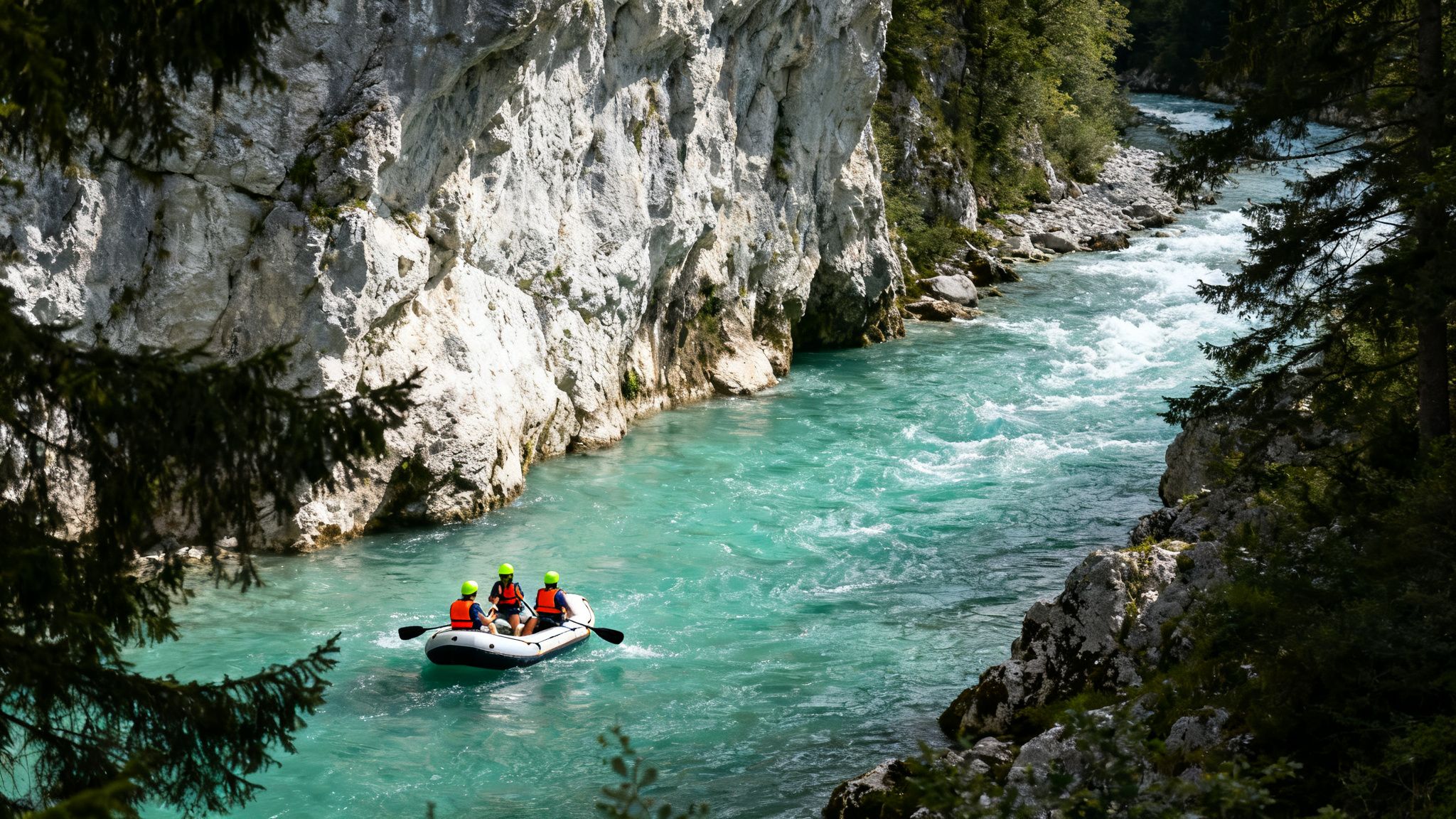 Adventurous rafting trip down a stunning turquoise river winding through a rugged mountain gorge.