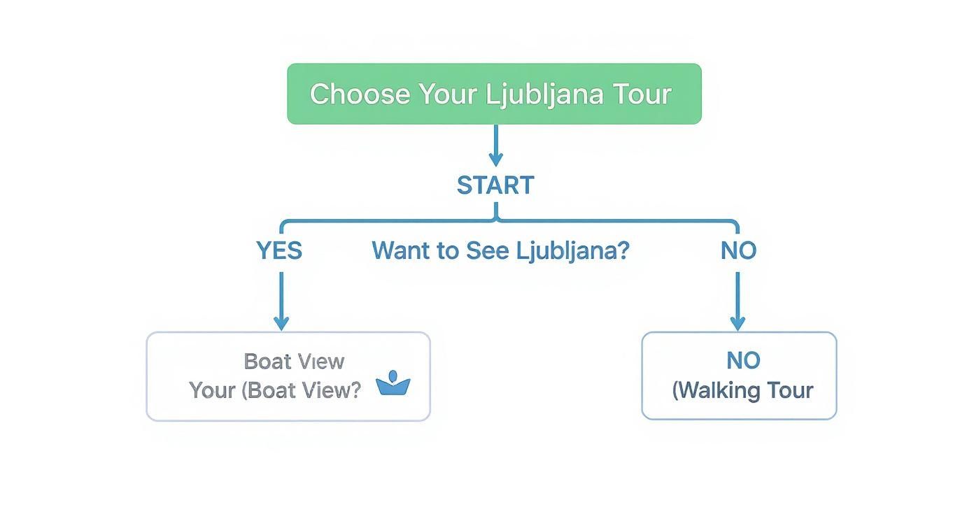 Flowchart showing decision process for choosing between boat tour and walking tour in Ljubljana