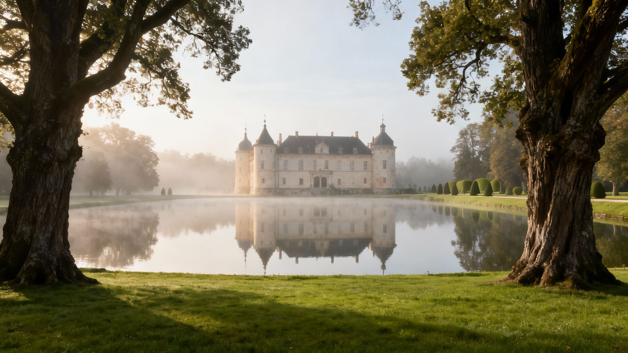 A picturesque castle reflected in a misty lake, framed by ancient trees in a serene landscape.