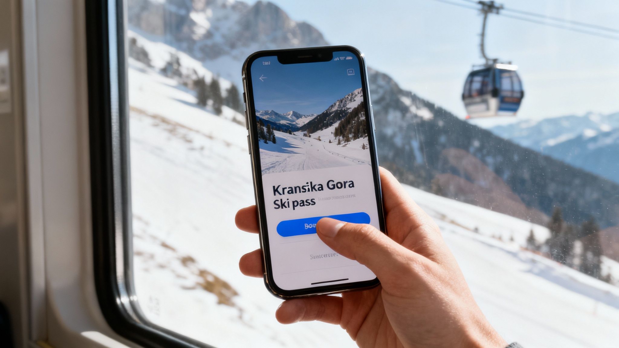 Hand holding a smartphone displaying a Kranjska Gora ski pass app, viewed from a ski lift with snowy mountains in the background.