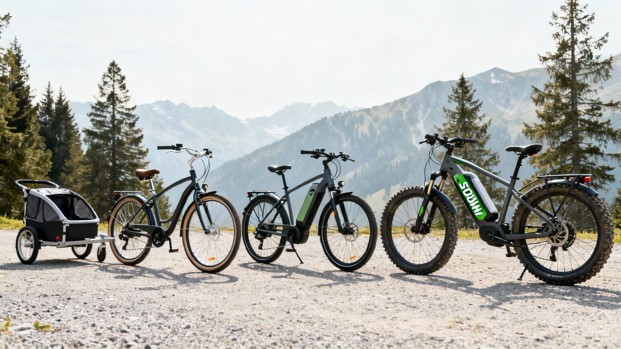 Multiple e-bikes and a pet trailer parked on a gravel trail with mountains and trees.