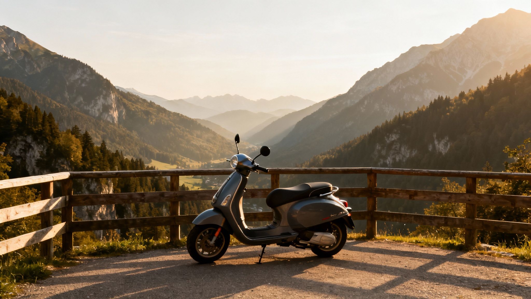 A grey scooter is parked on a scenic mountain overlook, capturing a breathtaking valley at sunset.