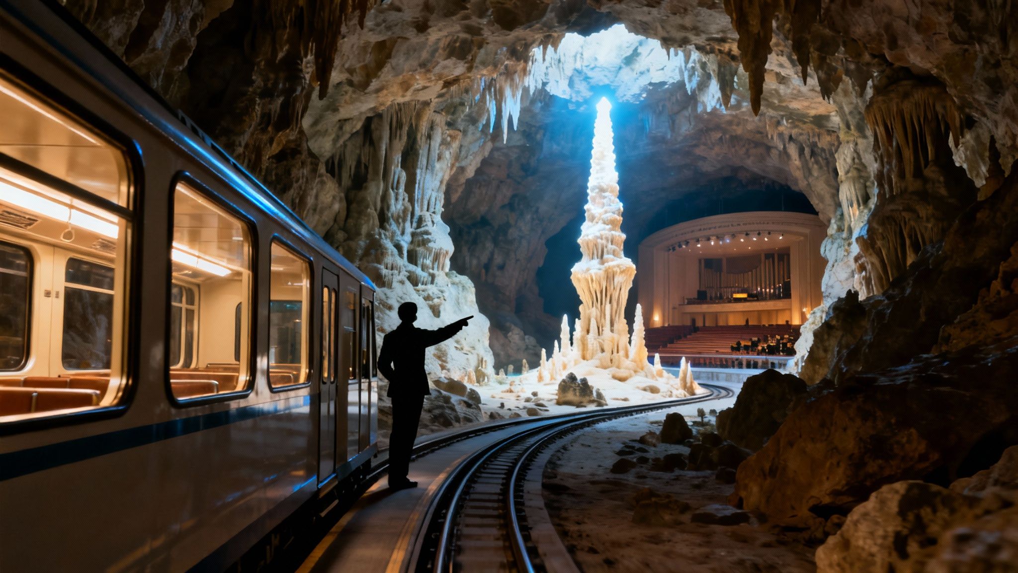 A train in a grand cave, a silhouette pointing to a glowing stalagmite and an auditorium.