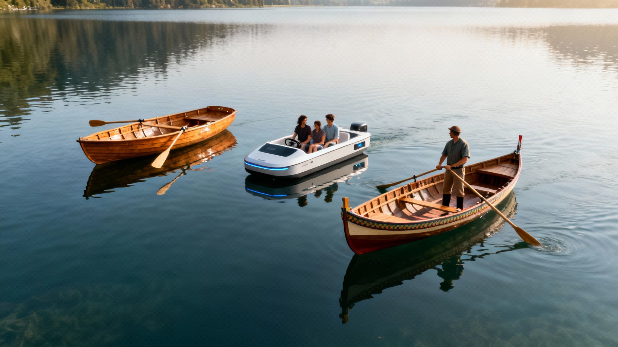 People in a modern electric boat and a man rowing a traditional boat on a calm lake.