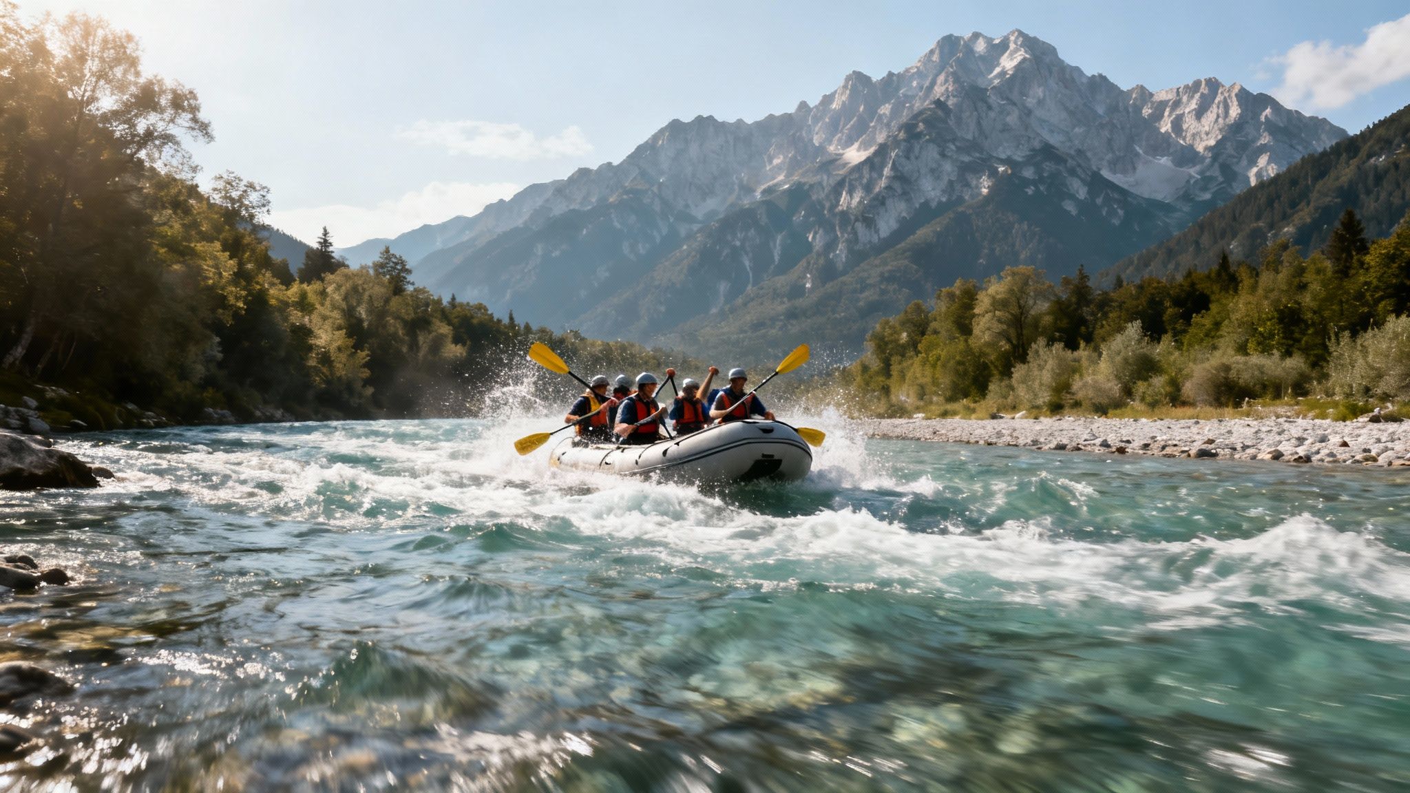 A group of people white-water rafting on a clear river, surrounded by majestic mountains and green forests.