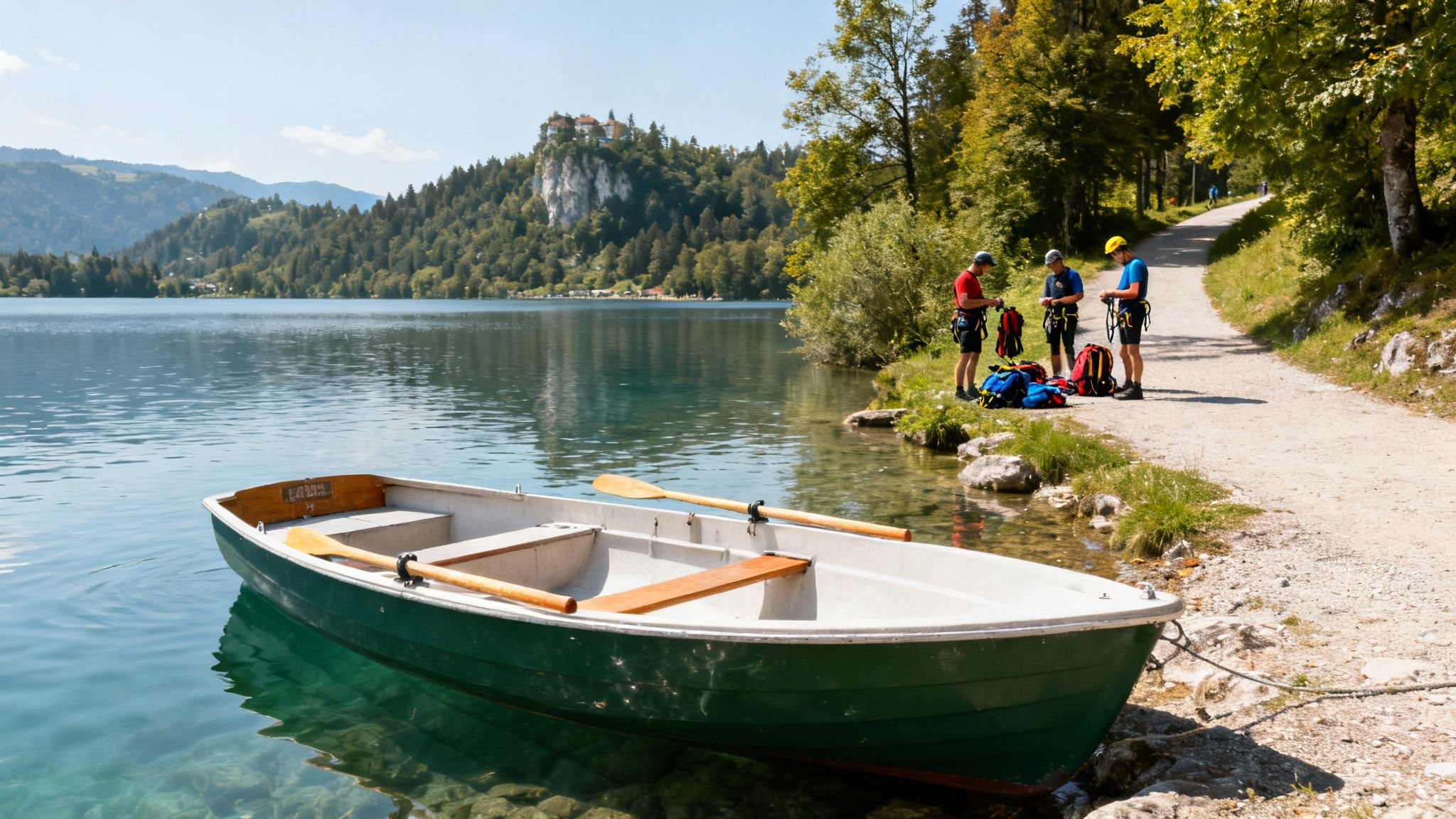 A green rowboat on a clear lake, three men preparing gear on the shore, with a castle on a cliff in the background.