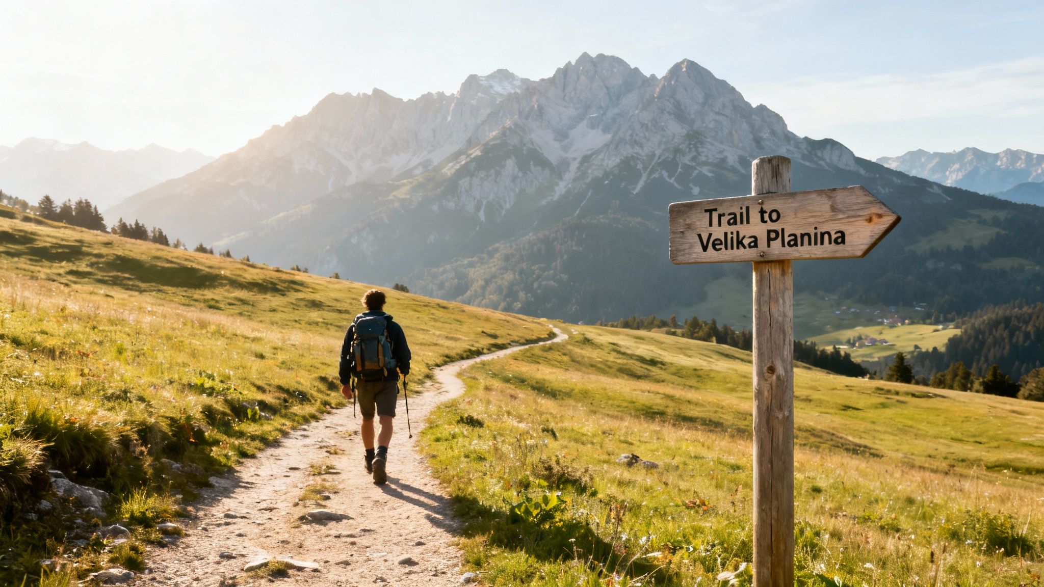 A hiker walks on a mountain trail towards a signpost for Velika Planina with sunny mountains in the background.