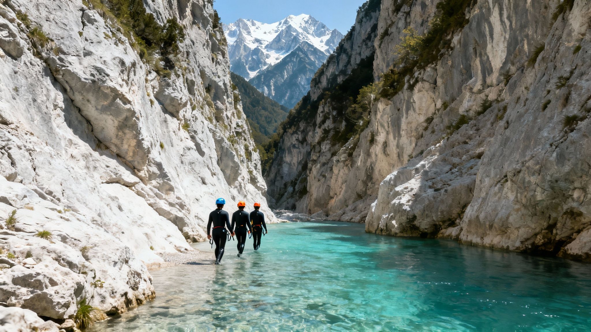 Three people in wetsuits and helmets walk through a clear turquoise river in a stunning mountain canyon.