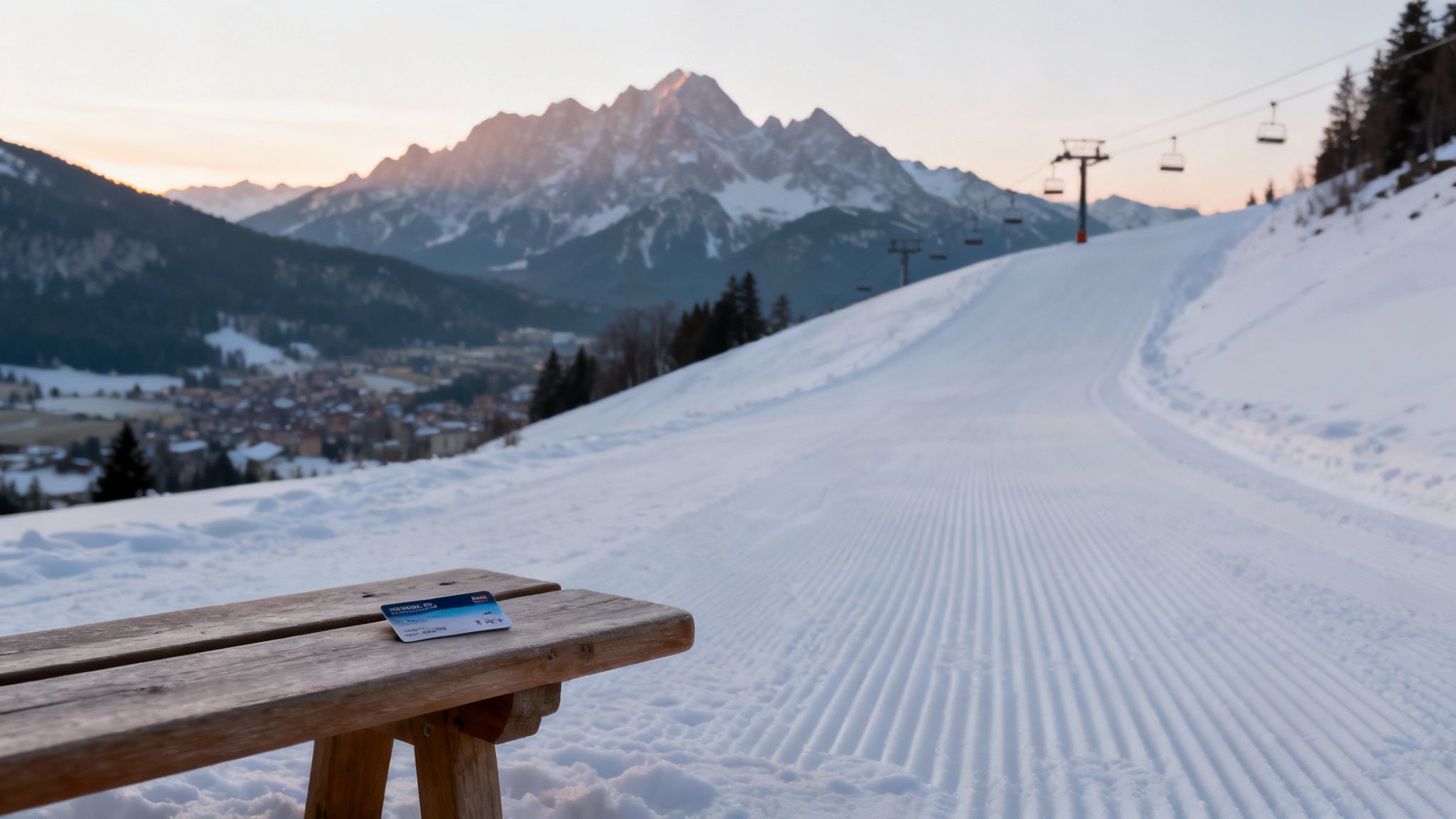 A ski pass rests on a wooden bench overlooking a pristine ski slope and snowy mountains at sunset.