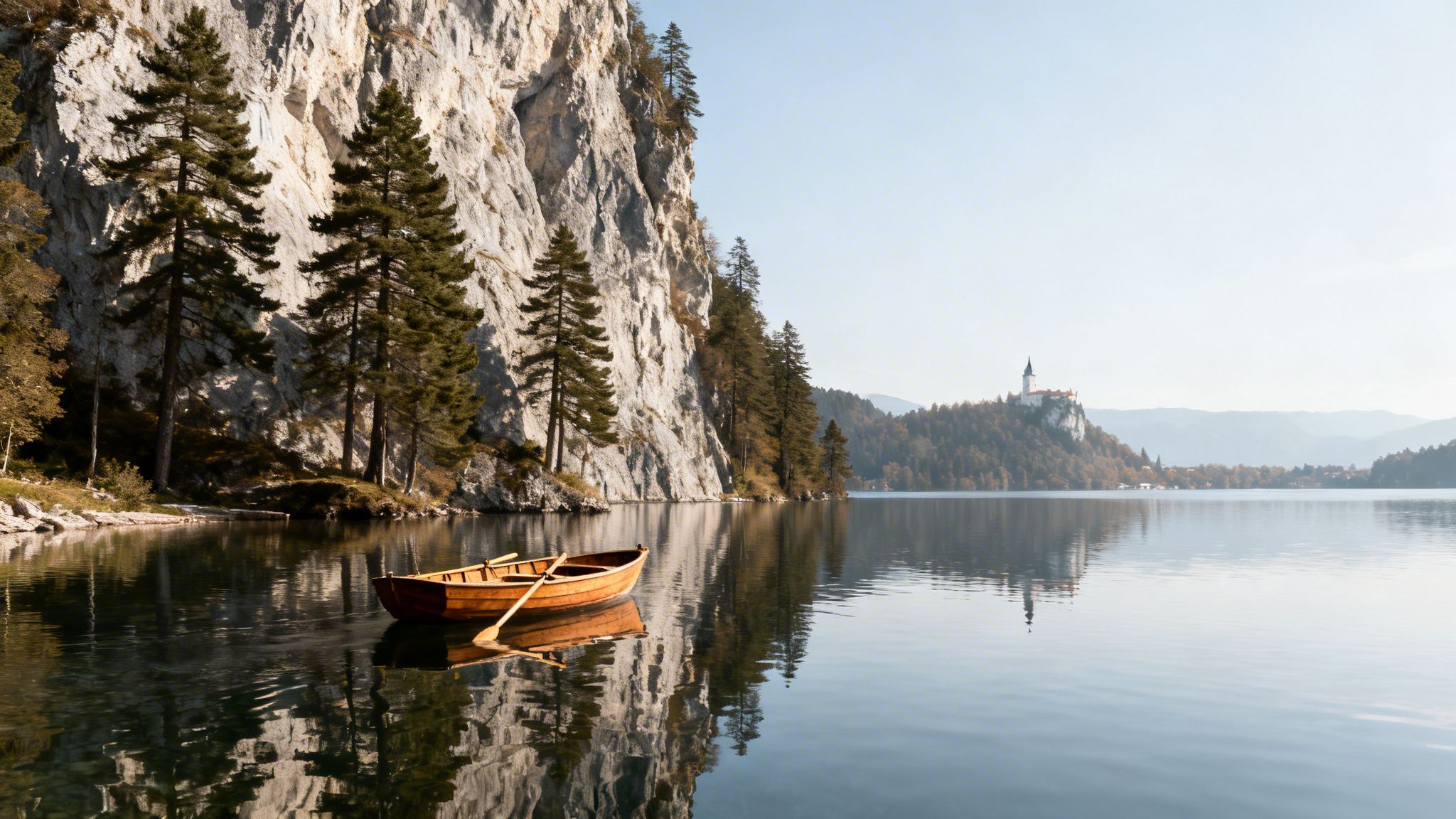 A wooden rowboat with oars floats on a serene lake beside a steep cliff with pine trees, a castle in the distance.